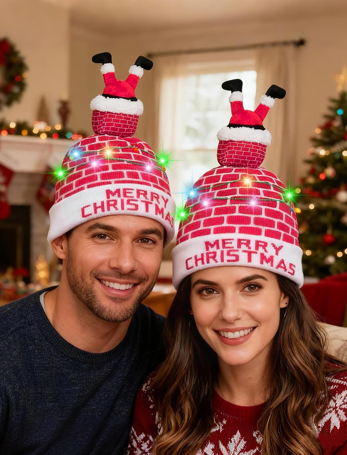 Unisex Ugly LED Christmas Hat Novelty Colorful Light-up Stylish Knitted Sweater Xmas Party Beanie Cap(6 Lights)