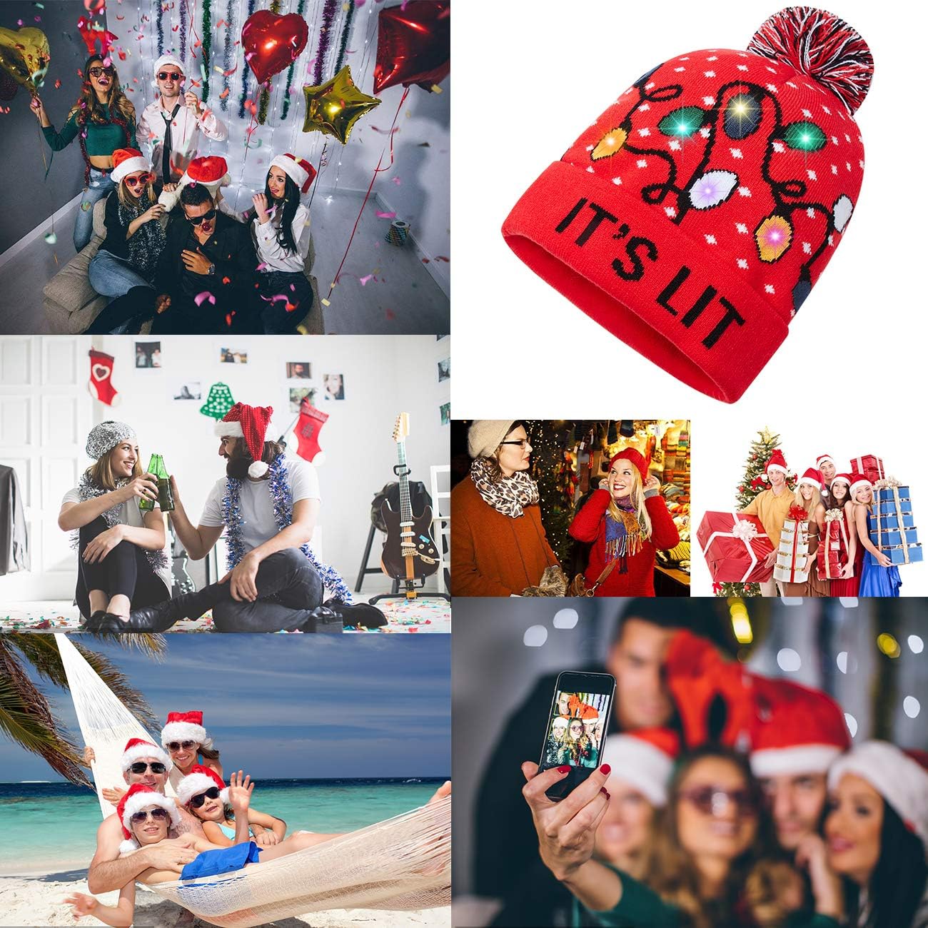 Unisex Ugly LED Christmas Hat Novelty Colorful Light-up Stylish Knitted Sweater Xmas Party Beanie Cap(6 Lights)