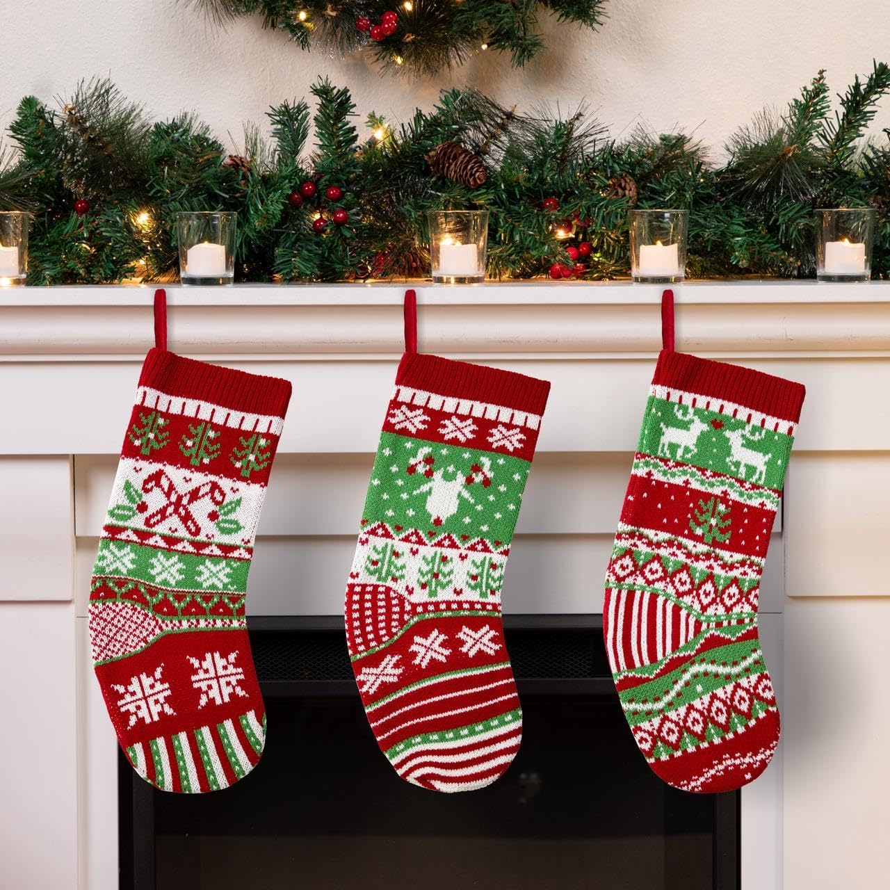 JOYIN 3 Pack 18” Christmas Stockings, Large Size Rustic Cable Knit Xmas Stocking in Red & Green, for Family Holiday Season Decorations