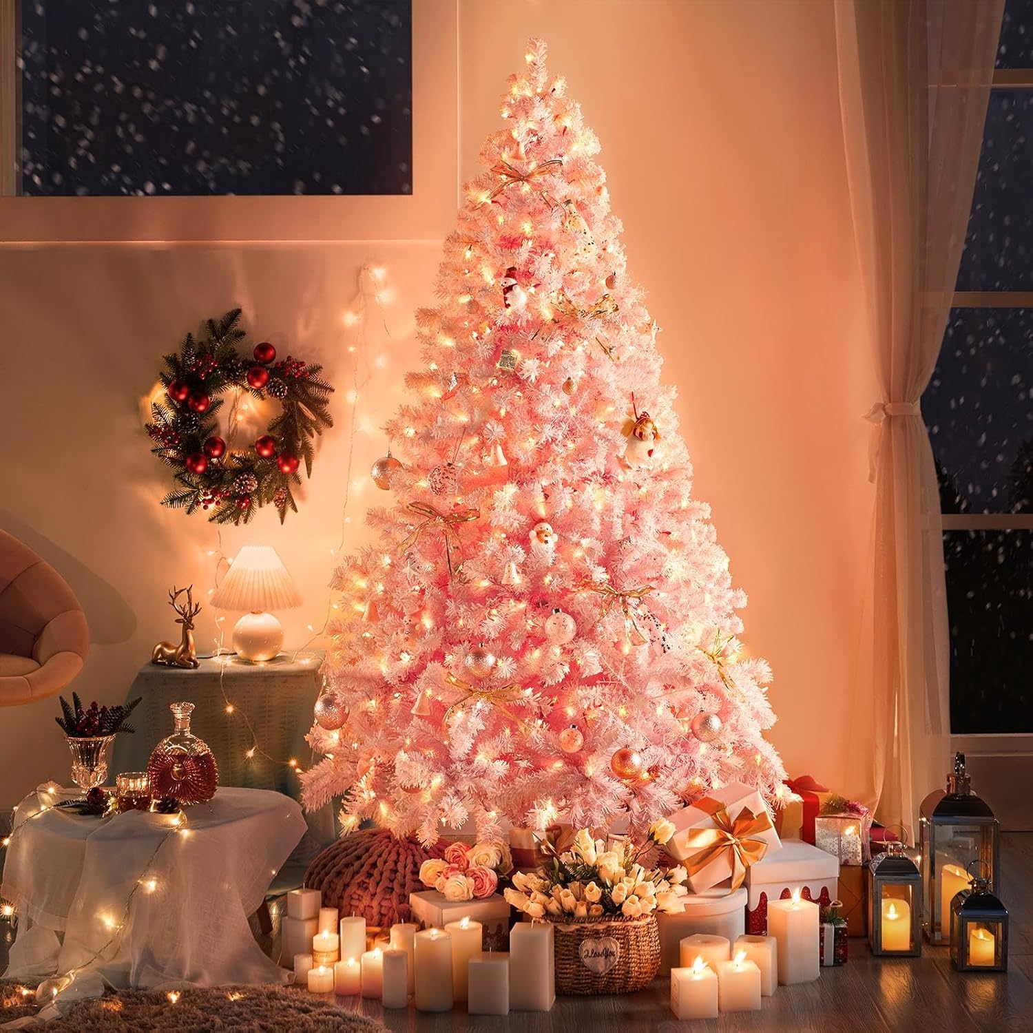 6ft Snow Flocked Pre-lit Christmas Tree with 250 Warm White Lights, 820 Lush Branch Tips & Quick-Assembly Hinged Design, Full Artificial Xmas Tree for Winter Holiday Décor, Green & White