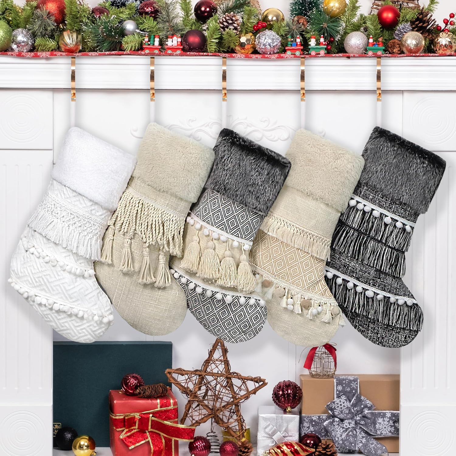 BHD BEAUTY Set of 6 Christmas Stockings Gray Burlap Buffalo Red Plaid Soft Faux Fur 20 Inches Lovely Embroidery Pattern for Family Decorations Hanging Ornament for Xmas Holiday Party