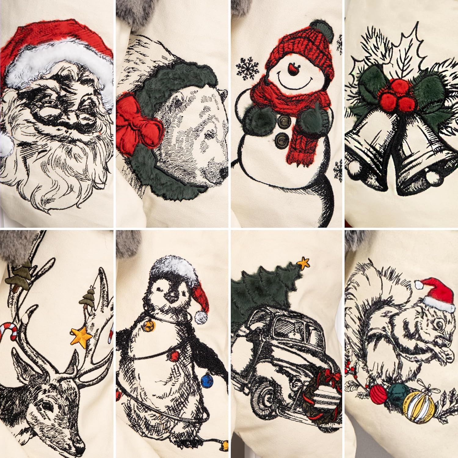 BHD BEAUTY Set of 6 Christmas Stockings Gray Burlap Buffalo Red Plaid Soft Faux Fur 20 Inches Lovely Embroidery Pattern for Family Decorations Hanging Ornament for Xmas Holiday Party