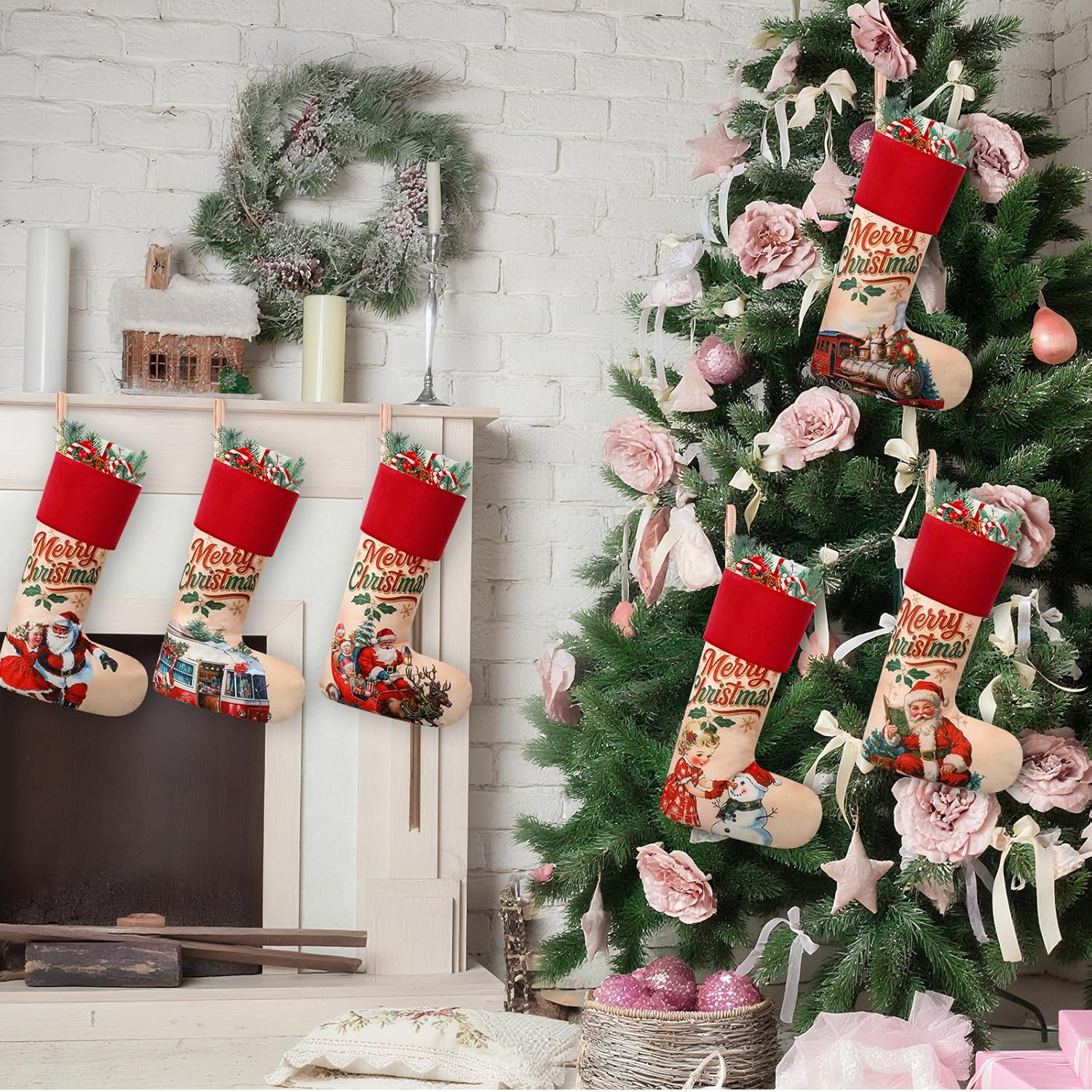 Simgoing 6 Pcs Vintage Christmas Stockings 18'' Large Rustic Santa Christmas Stockings with Velvet Border Hanging Xmas Ornament for Tree Fireplace Farmhouse Family Holiday Party Decoration Gift