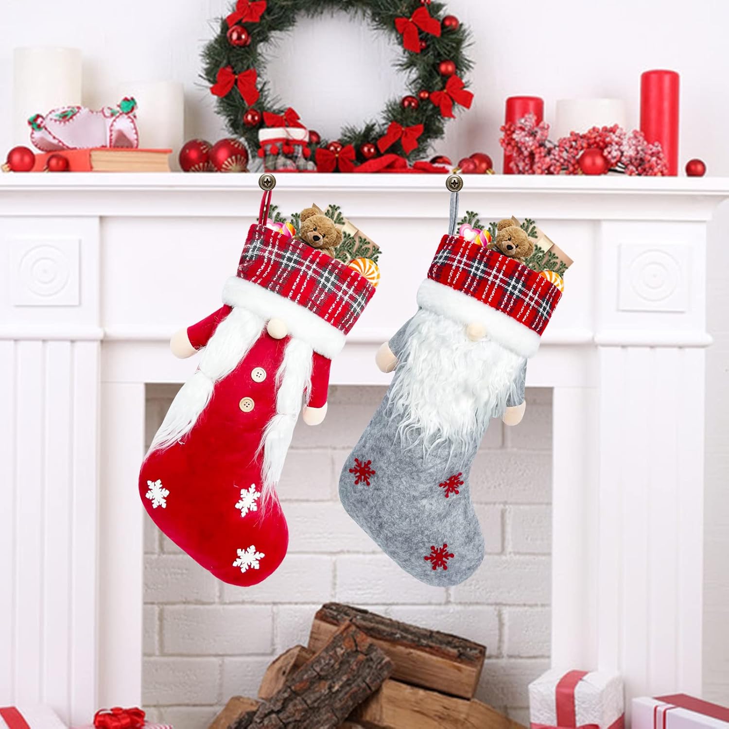 Meajore 2 Pcs Christmas Stockings New Set, 3D Gnomes Santa Christmas Stockings Personalized (18inch) Soft Classic Red and Grey Fireplace Hanging for Family Holiday Xmas Party Decorations