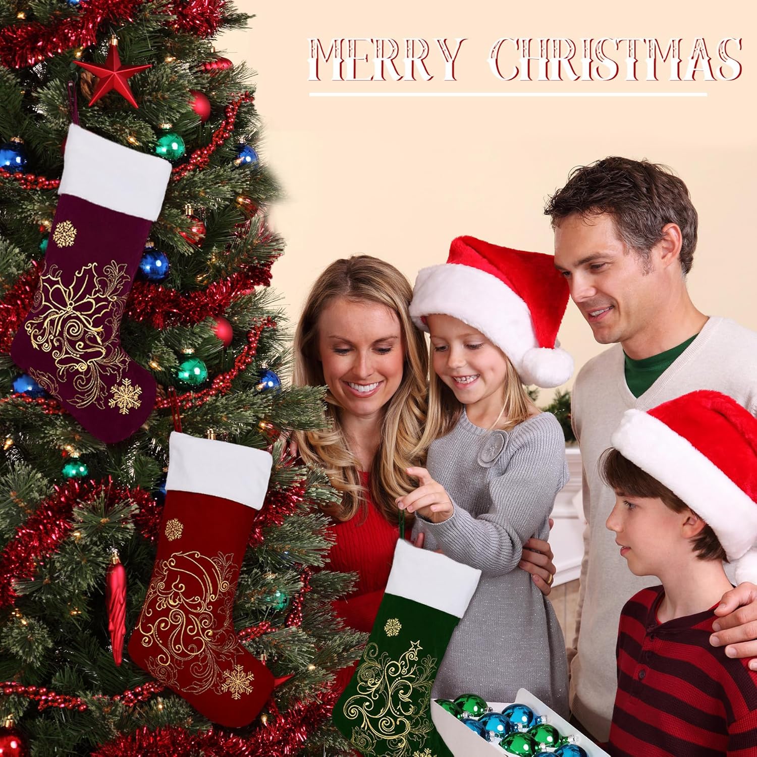 Flycalf Velvet Christmas Stockings 6 Pack Large 20 Inches with Hanging Loop Embroidery Classic Luxury Family Ornament Fireplace Hanging Stockings for Christmas Decorations