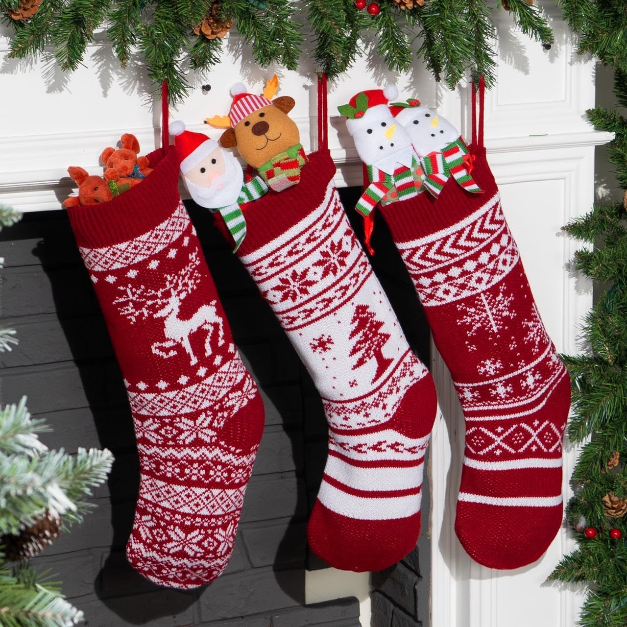 JOYIN 3 Pack 18” Christmas Stockings, Large Size Rustic Cable Knit Xmas Stocking in Red & Green, for Family Holiday Season Decorations