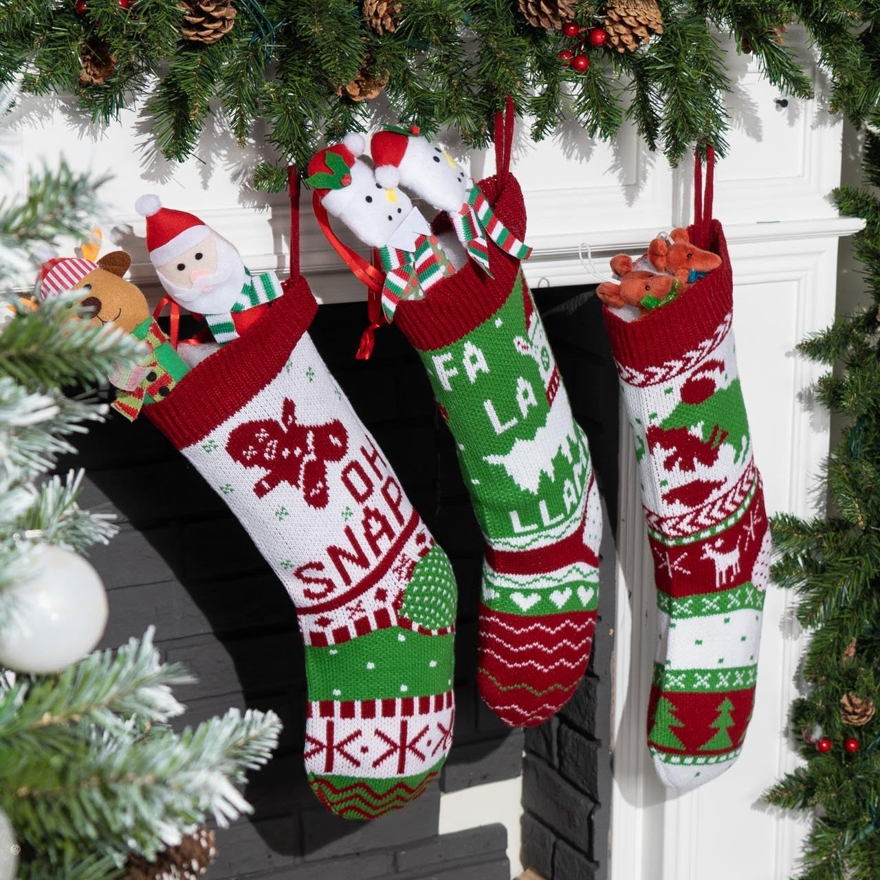 JOYIN 3 Pack 18” Christmas Stockings, Large Size Rustic Cable Knit Xmas Stocking in Red & Green, for Family Holiday Season Decorations