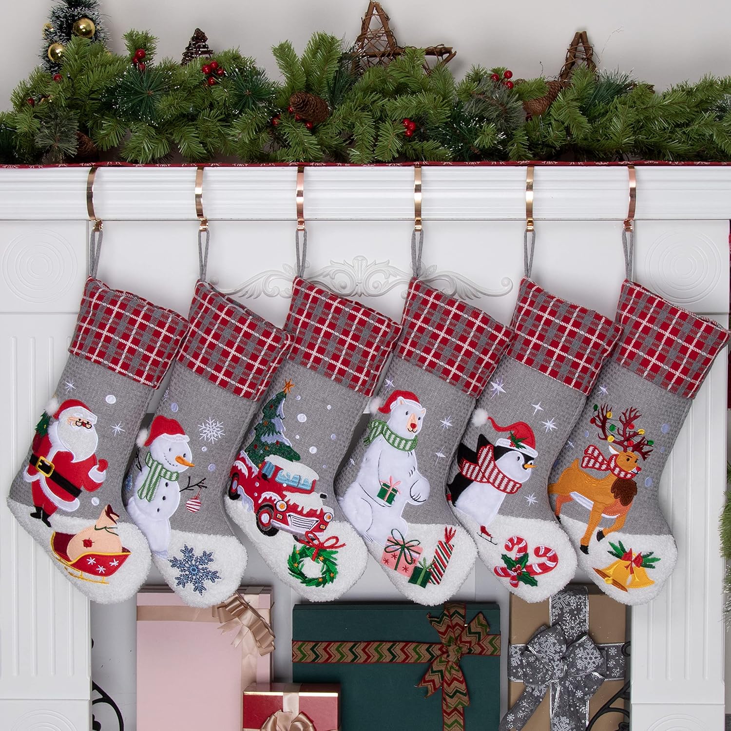 BHD BEAUTY Set of 6 Christmas Stockings Gray Burlap Buffalo Red Plaid Soft Faux Fur 20 Inches Lovely Embroidery Pattern for Family Decorations Hanging Ornament for Xmas Holiday Party