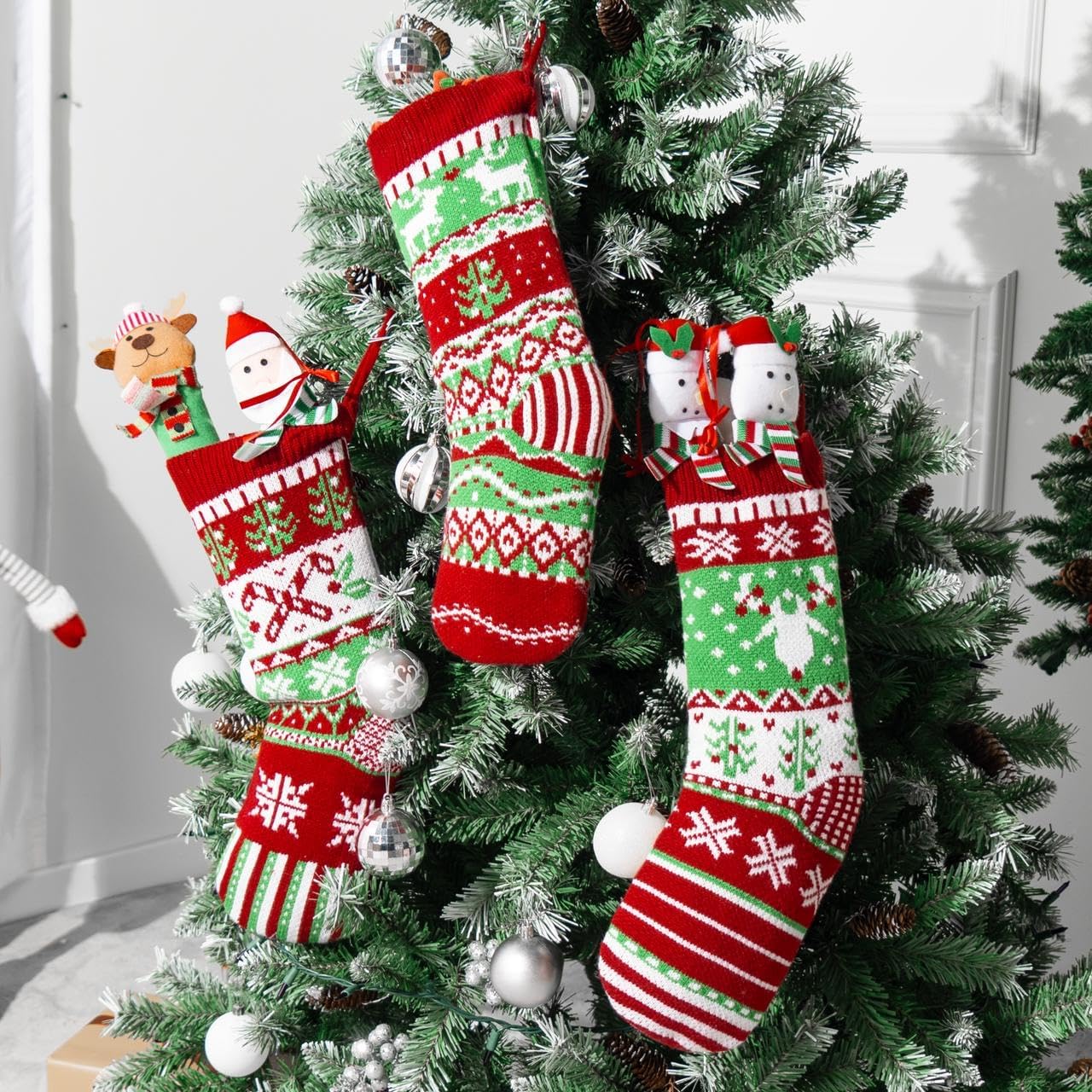 JOYIN 3 Pack 18” Christmas Stockings, Large Size Rustic Cable Knit Xmas Stocking in Red & Green, for Family Holiday Season Decorations