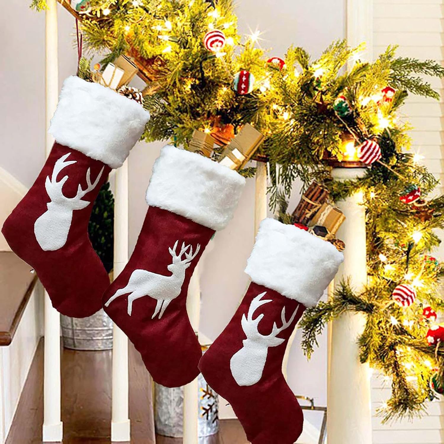 Meajore 2 Pcs Christmas Stockings New Set, 3D Gnomes Santa Christmas Stockings Personalized (18inch) Soft Classic Red and Grey Fireplace Hanging for Family Holiday Xmas Party Decorations