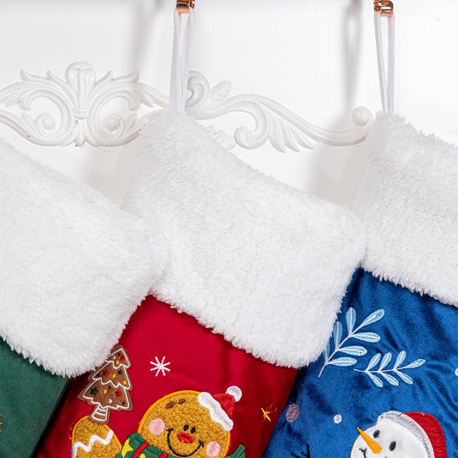 BHD BEAUTY Set of 6 Christmas Stockings Gray Burlap Buffalo Red Plaid Soft Faux Fur 20 Inches Lovely Embroidery Pattern for Family Decorations Hanging Ornament for Xmas Holiday Party