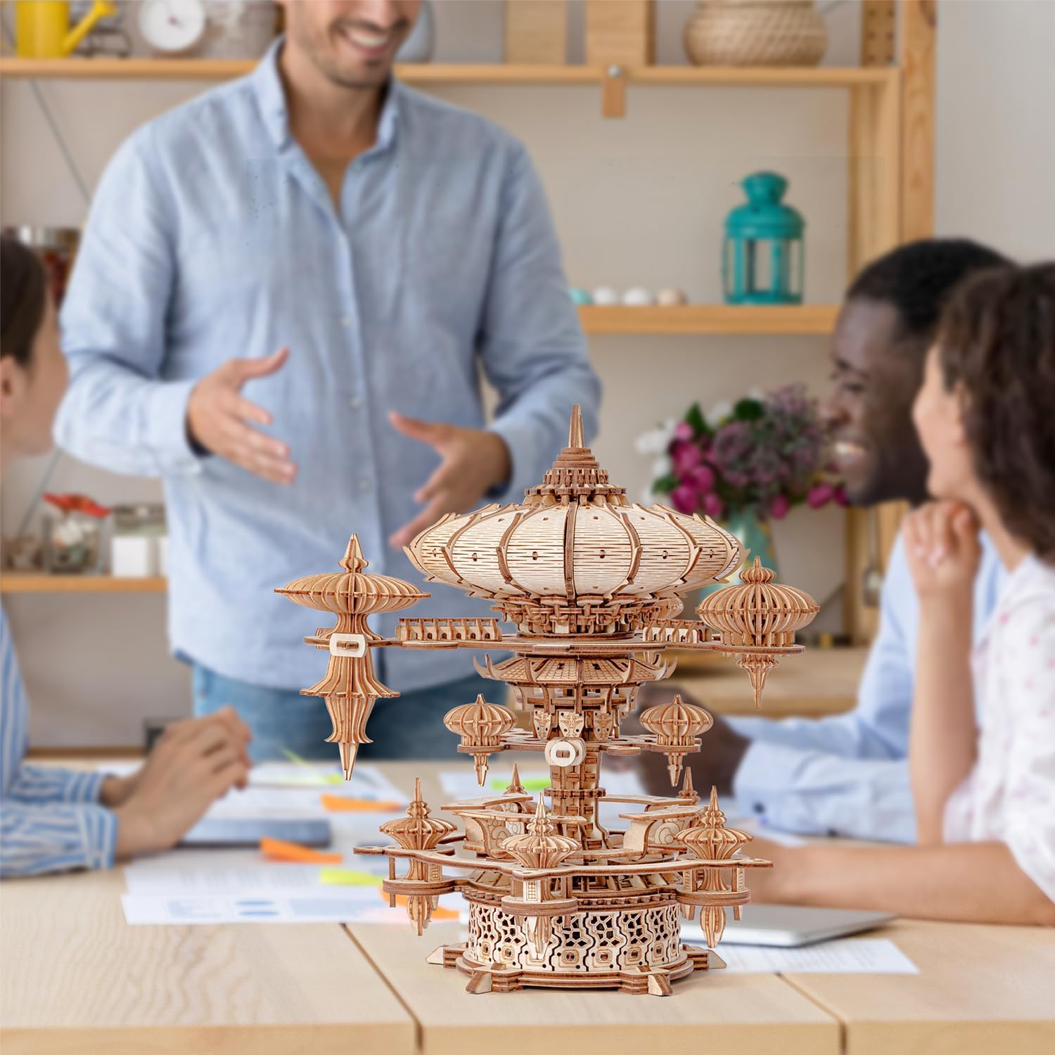 RUIFAM 3D Wooden Puzzles for Adults, SkyCity Music Box Model Kit, 600+ Pcs Cityscape Design, Challenging Mechanical DIY Craft, STEM Toy and Unique Gift for All Occasions