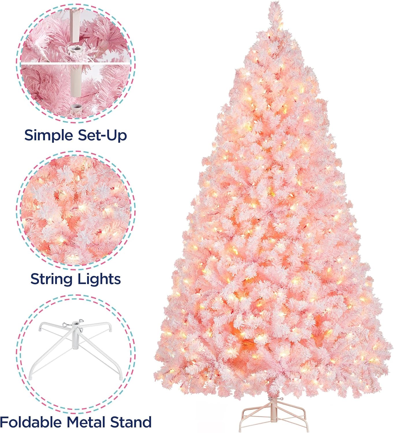 6ft Snow Flocked Pre-lit Christmas Tree with 250 Warm White Lights, 820 Lush Branch Tips & Quick-Assembly Hinged Design, Full Artificial Xmas Tree for Winter Holiday Décor, Green & White