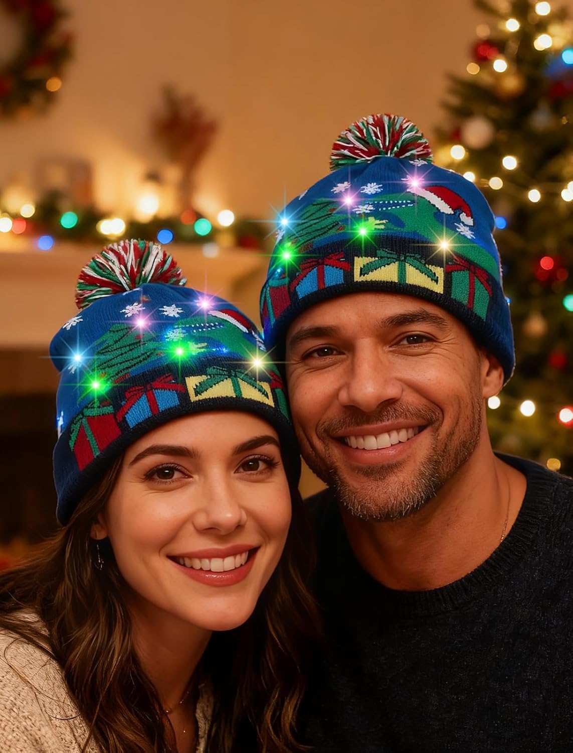 Unisex Ugly LED Christmas Hat Novelty Colorful Light-up Stylish Knitted Sweater Xmas Party Beanie Cap(6 Lights)