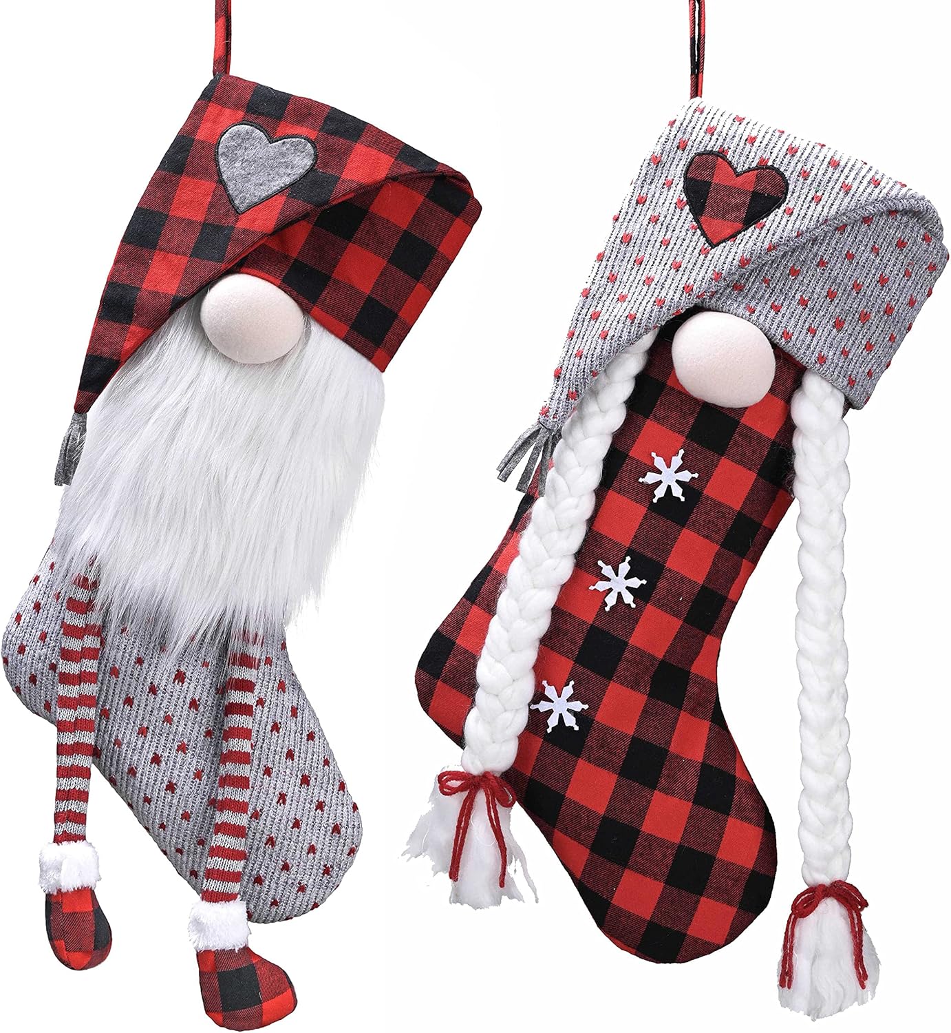 Valery Madelyn 21 Inch Christmas Gnome Stockings Decorations, 2 Pack Fabric Red Gray Tartan Cute Stocking with Name Tag, Valentine Day Gifts for Gnomes Lover and Women