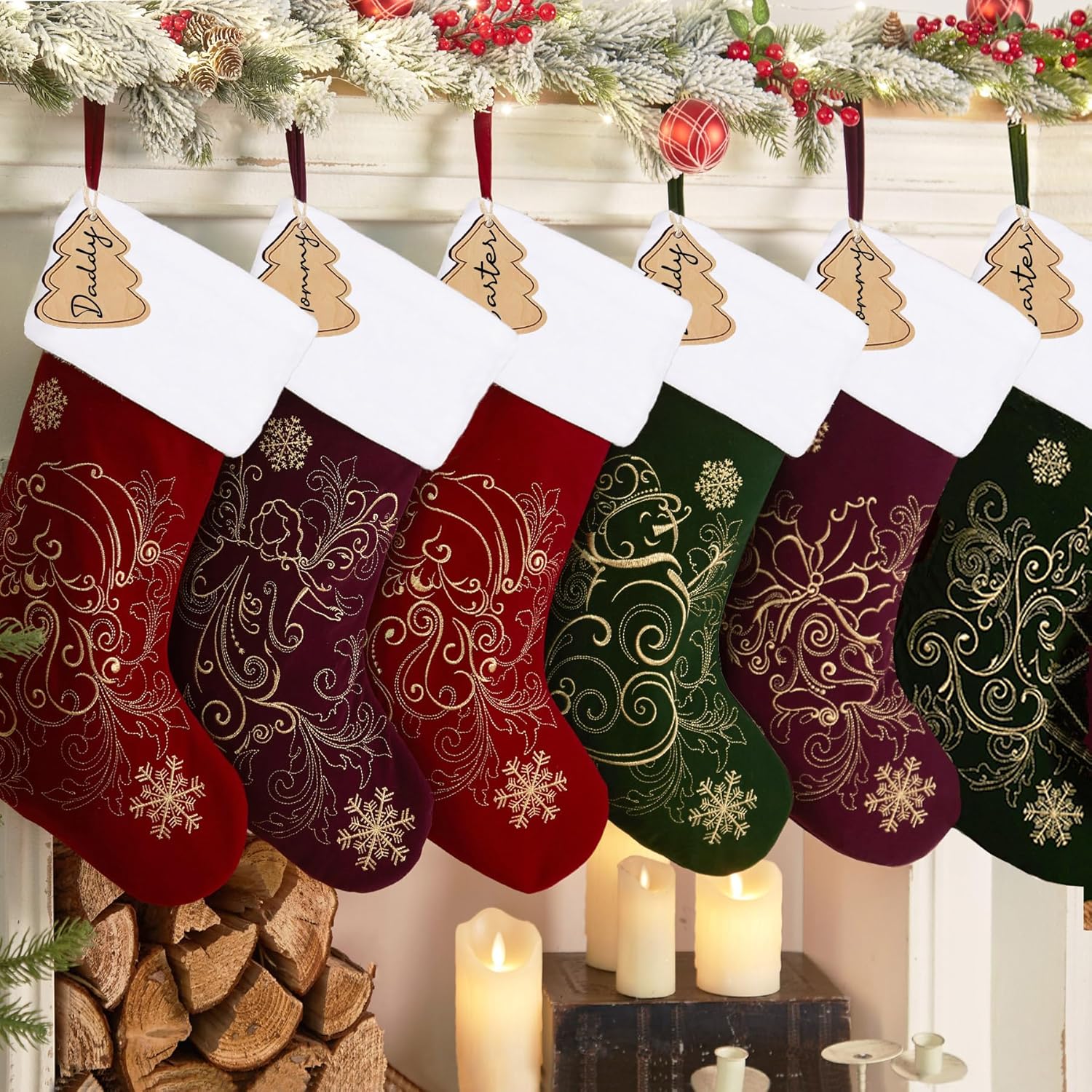 Flycalf Velvet Christmas Stockings 6 Pack Large 20 Inches with Hanging Loop Embroidery Classic Luxury Family Ornament Fireplace Hanging Stockings for Christmas Decorations