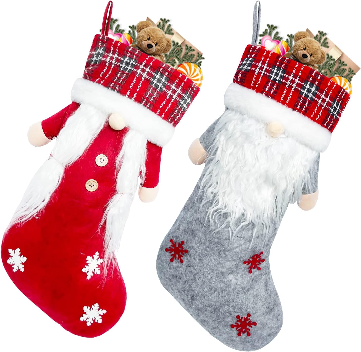 Meajore 2 Pcs Christmas Stockings New Set, 3D Gnomes Santa Christmas Stockings Personalized (18inch) Soft Classic Red and Grey Fireplace Hanging for Family Holiday Xmas Party Decorations