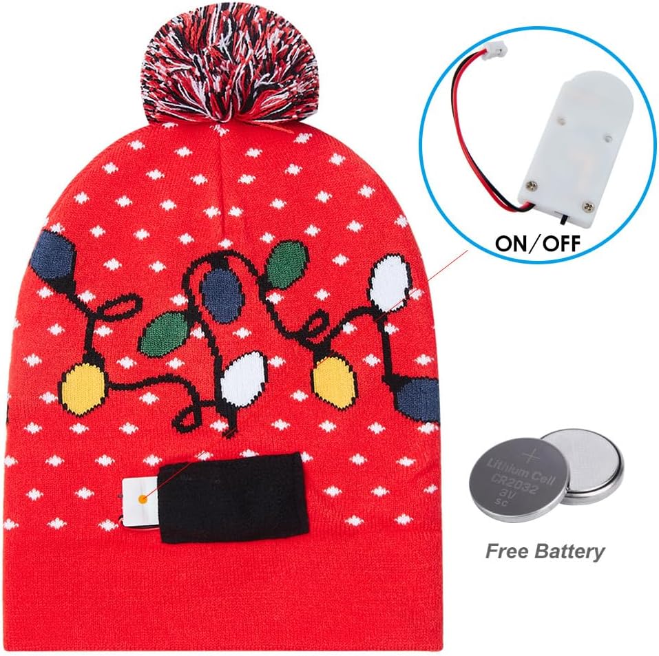 Unisex Ugly LED Christmas Hat Novelty Colorful Light-up Stylish Knitted Sweater Xmas Party Beanie Cap(6 Lights)