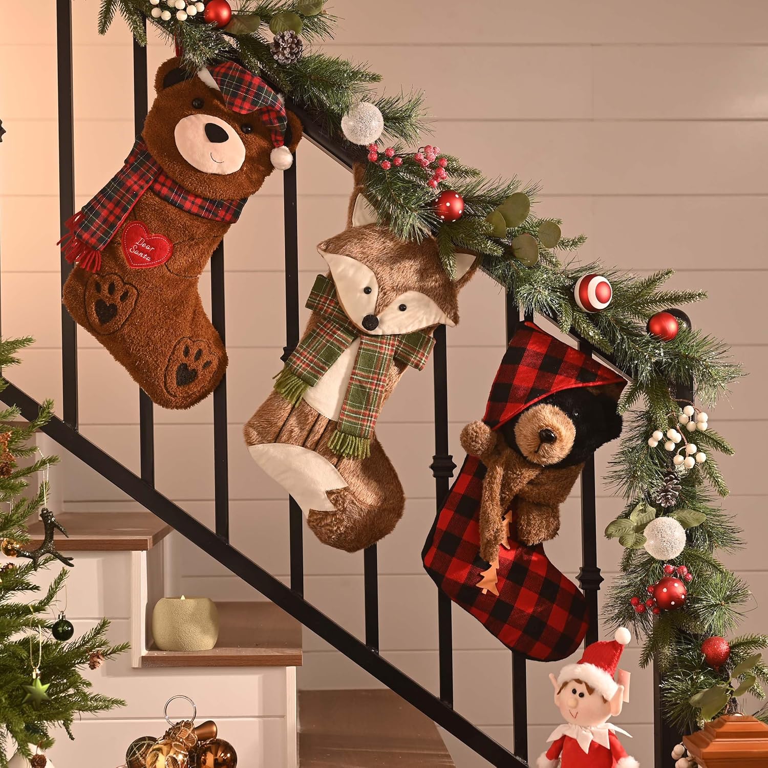 Valery Madelyn Christmas Stockings for Christmas Gifts & Decorations, 21 Inch Fabric Red Black Tartan Bear Cute Plush Personalized Fireplace Hanging Ornament for Holiday Xmas Party Decor