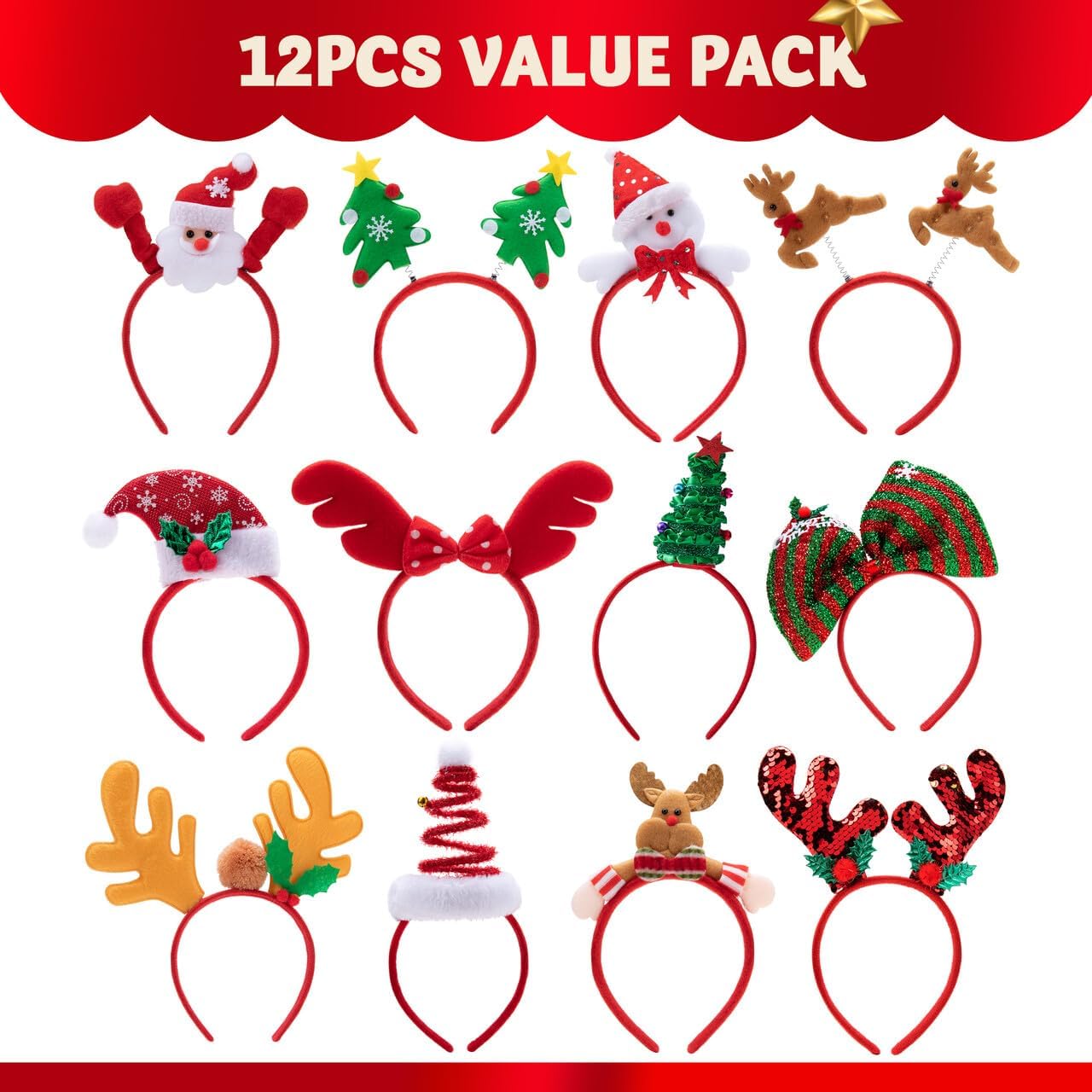 12 Packs Christmas Headbands 3D Head Hat Headbands for Kids Women Men Christmas Parties Costume Accessories Xmas Holiday Party Favors Photo Booth (ONE SIZE FIT ALL)