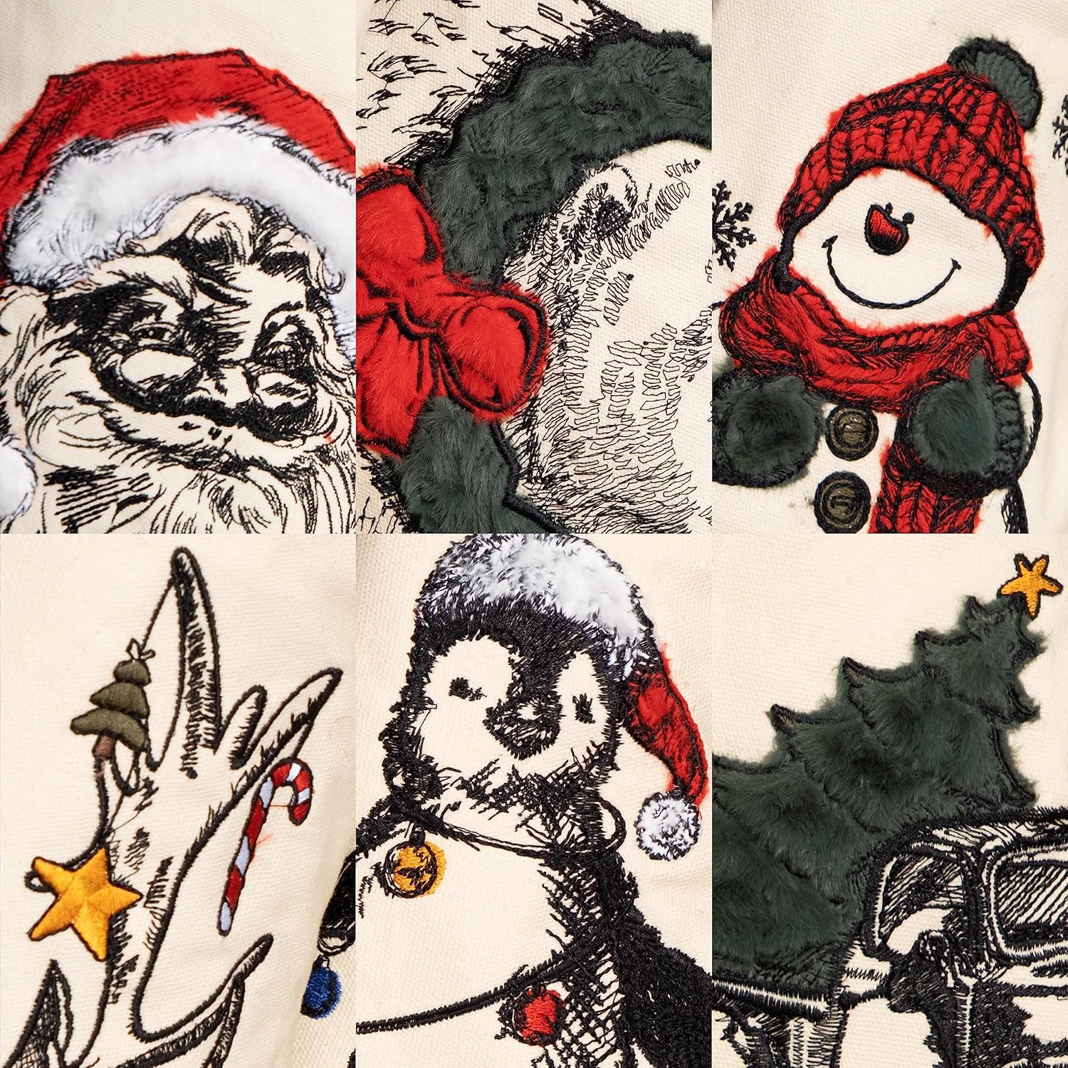 BHD BEAUTY Set of 6 Christmas Stockings Gray Burlap Buffalo Red Plaid Soft Faux Fur 20 Inches Lovely Embroidery Pattern for Family Decorations Hanging Ornament for Xmas Holiday Party