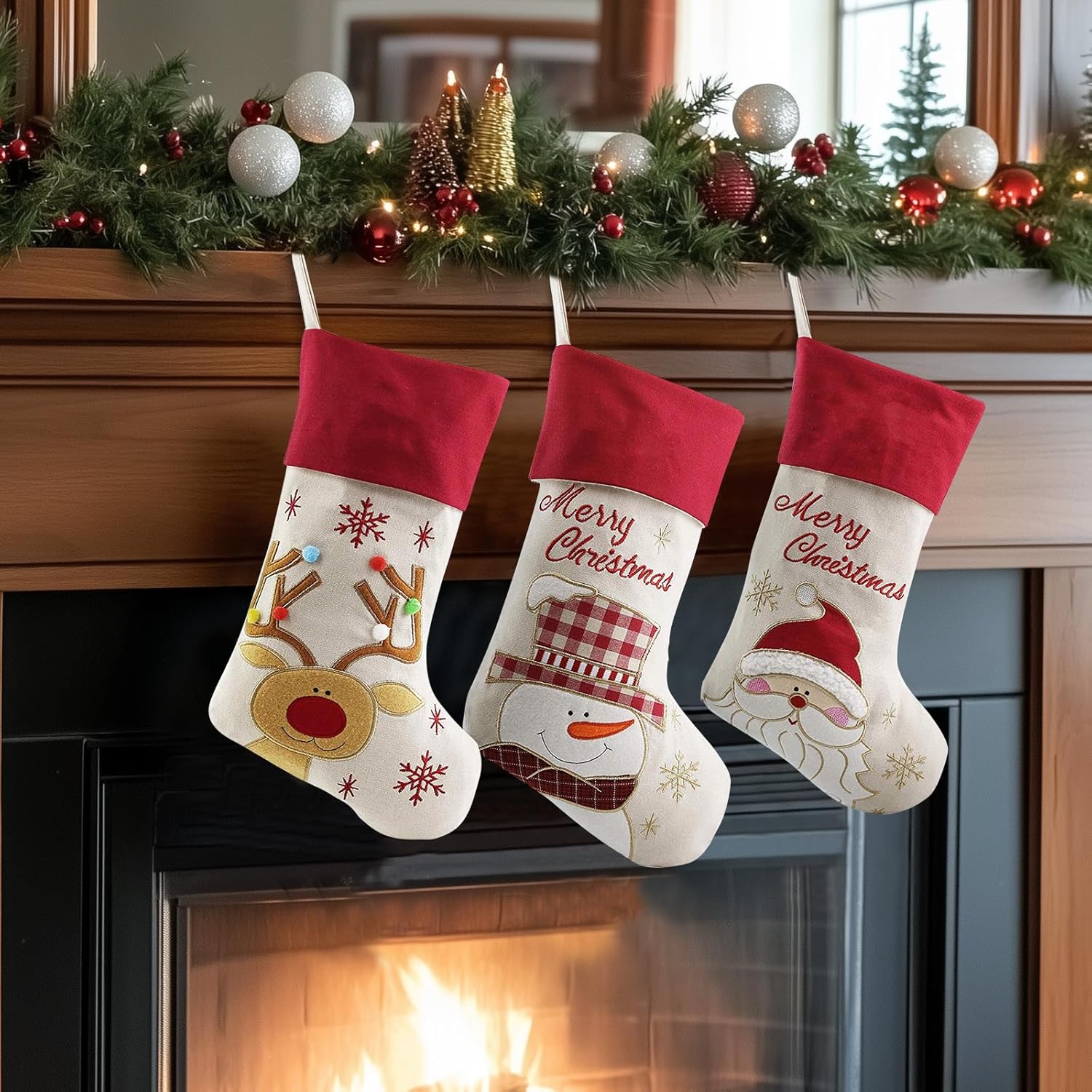 WEWILL 18'' Vintage Christmas Stockings Set of 3 Santa, Snowman, Reindeer, Xmas Character Large Christmas Stocking Hanging Tag Knit Border for Family Kids