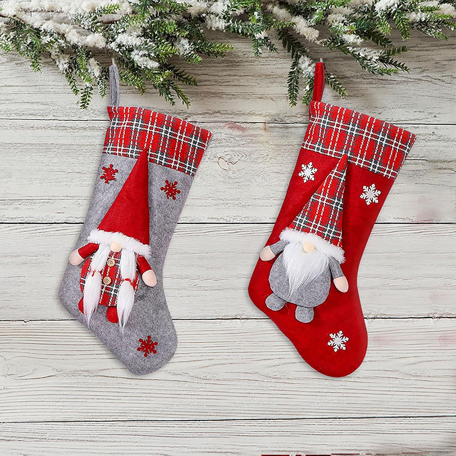 Meajore 2 Pcs Christmas Stockings New Set, 3D Gnomes Santa Christmas Stockings Personalized (18inch) Soft Classic Red and Grey Fireplace Hanging for Family Holiday Xmas Party Decorations
