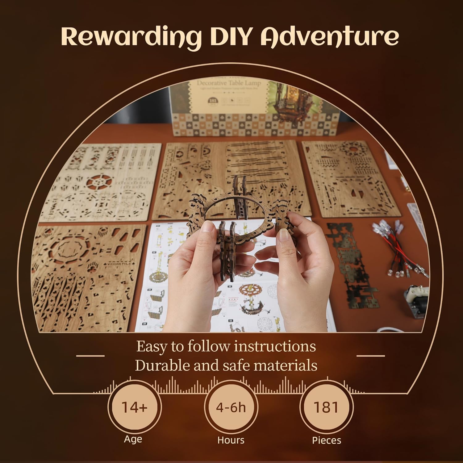 FUNPOLA LED 3D Wood Puzzle Poker World Projector Lamp – DIY Craft Kit with LED Lights and Music Box – Creative Poker-Themed Lamp, Nightlight Gift for Home Décor (Black Walnut)