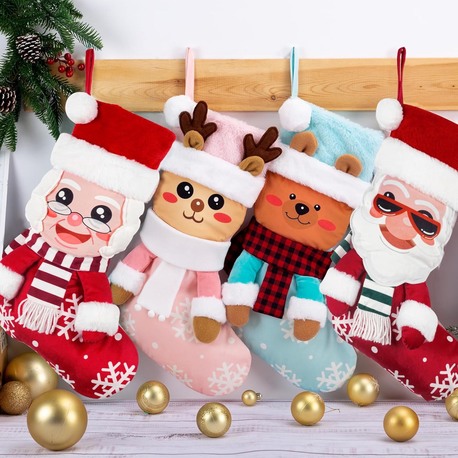 Flycalf Velvet Christmas Stockings 6 Pack Large 20 Inches with Hanging Loop Embroidery Classic Luxury Family Ornament Fireplace Hanging Stockings for Christmas Decorations