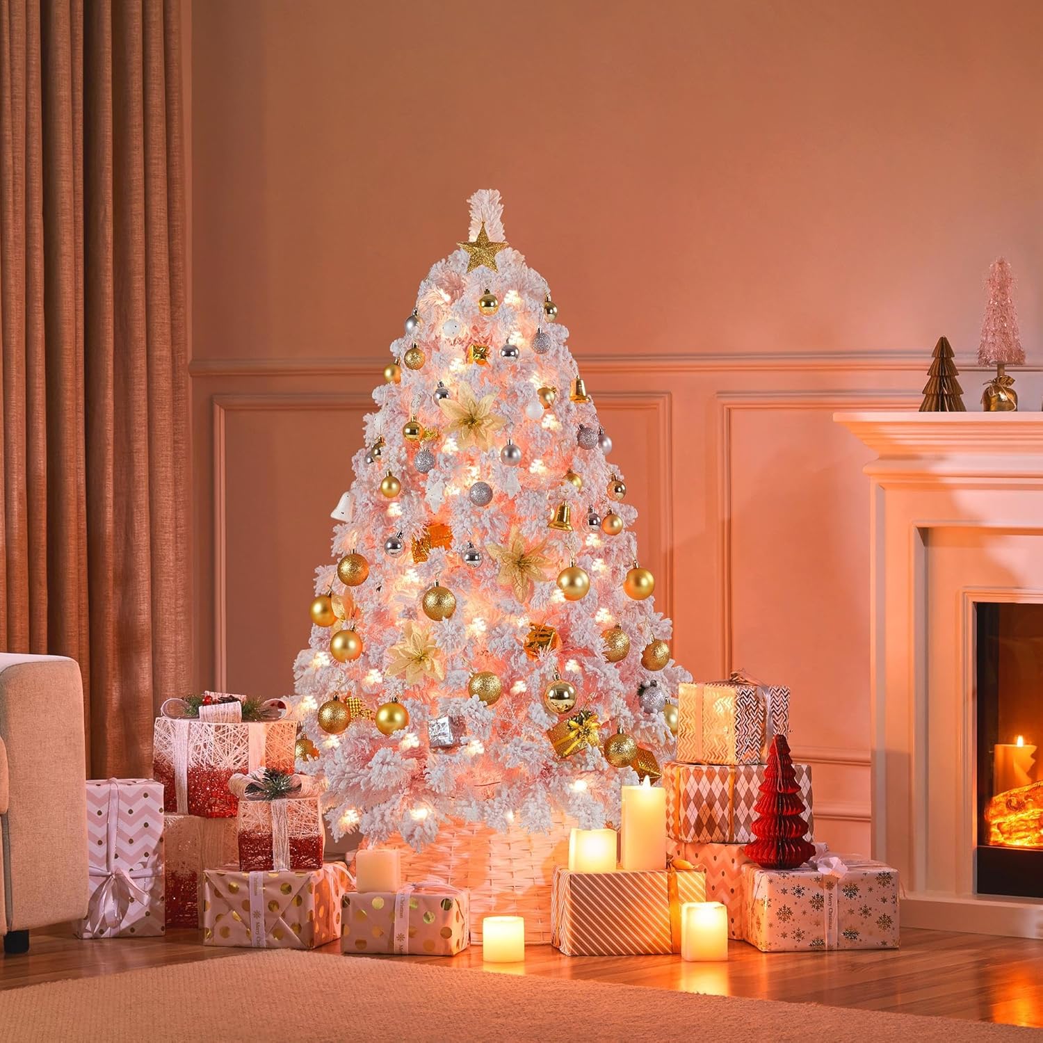 6ft Snow Flocked Pre-lit Christmas Tree with 250 Warm White Lights, 820 Lush Branch Tips & Quick-Assembly Hinged Design, Full Artificial Xmas Tree for Winter Holiday Décor, Green & White