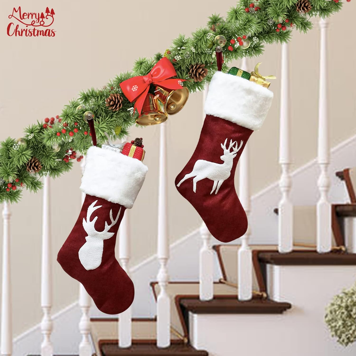 Meajore 2 Pcs Christmas Stockings New Set, 3D Gnomes Santa Christmas Stockings Personalized (18inch) Soft Classic Red and Grey Fireplace Hanging for Family Holiday Xmas Party Decorations