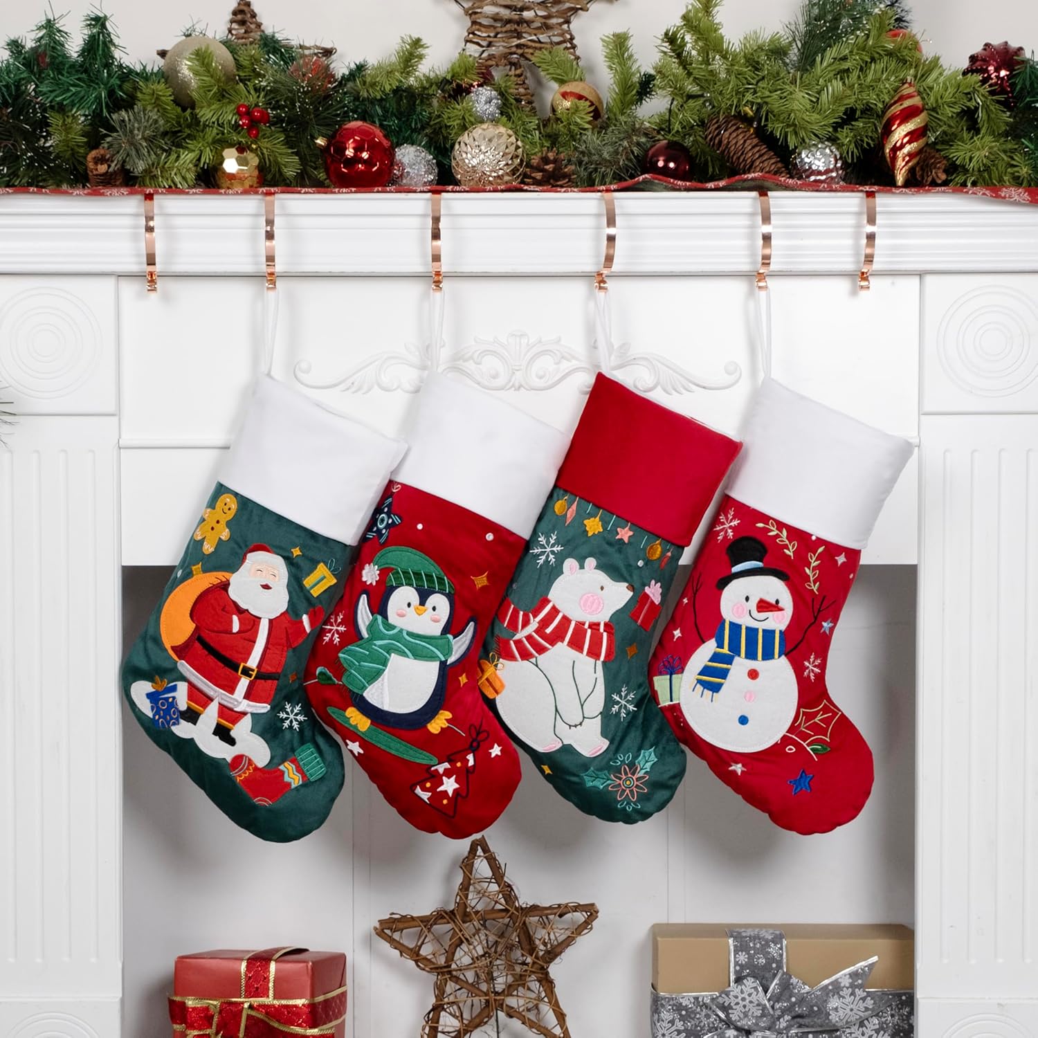 BHD BEAUTY Set of 6 Christmas Stockings Gray Burlap Buffalo Red Plaid Soft Faux Fur 20 Inches Lovely Embroidery Pattern for Family Decorations Hanging Ornament for Xmas Holiday Party
