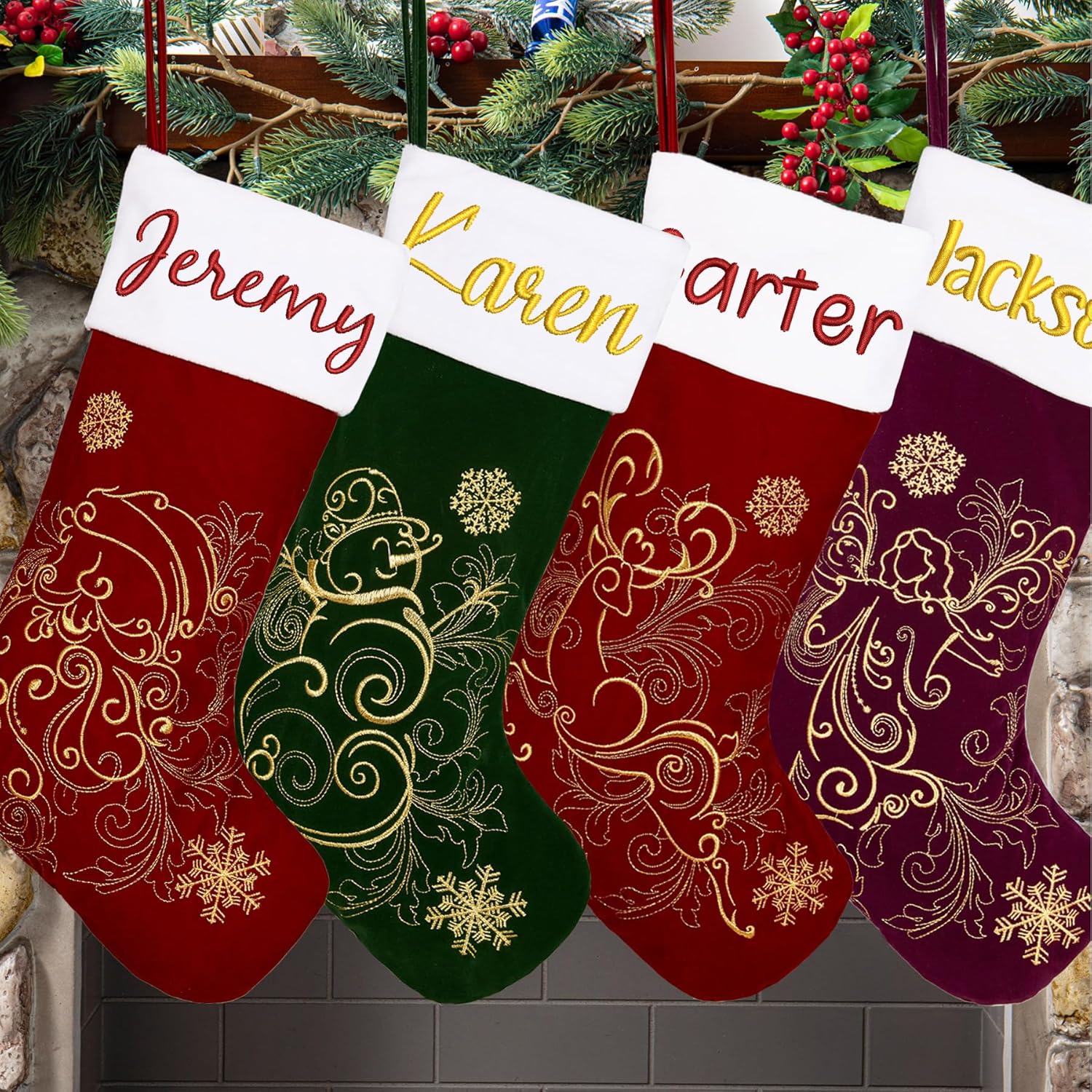 Flycalf Velvet Christmas Stockings 6 Pack Large 20 Inches with Hanging Loop Embroidery Classic Luxury Family Ornament Fireplace Hanging Stockings for Christmas Decorations