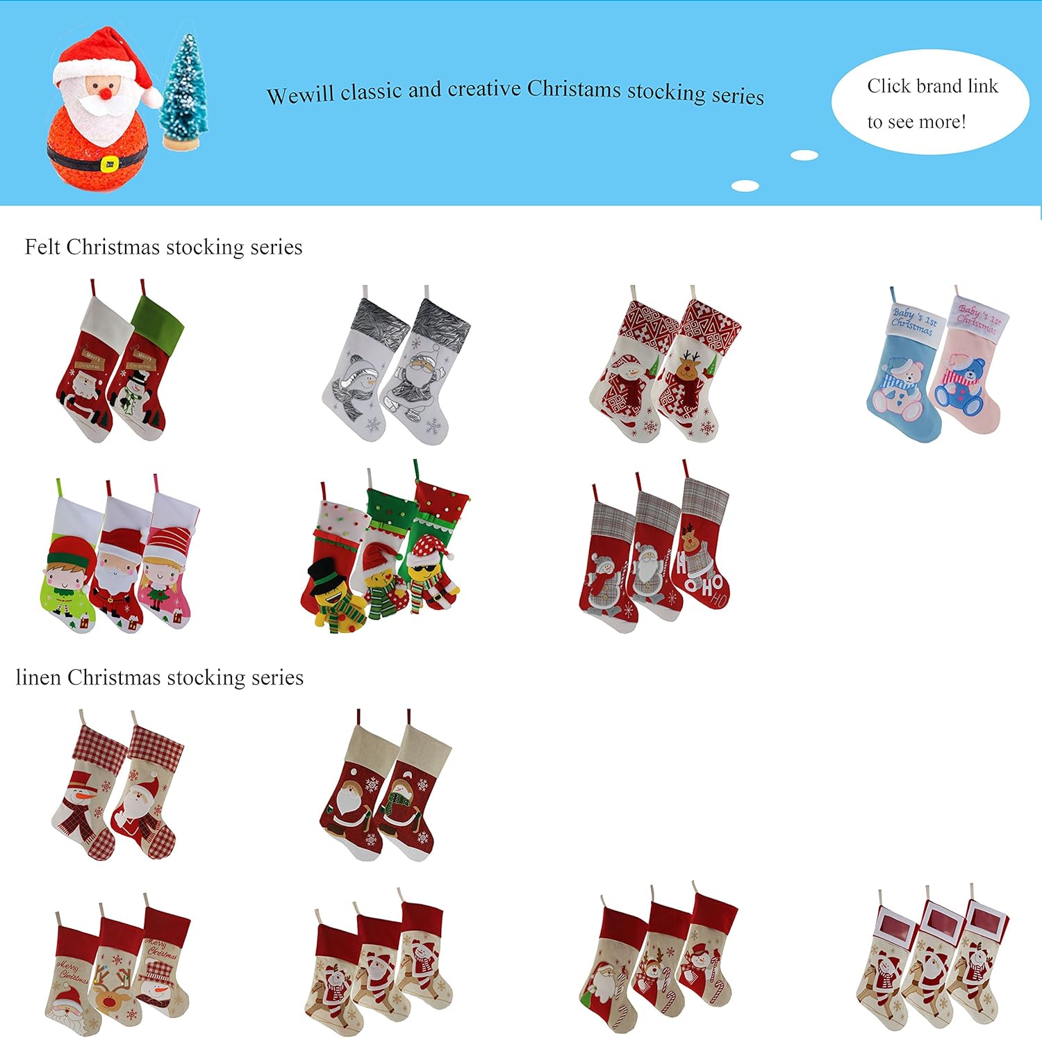 WEWILL Classic Christmas Stockings Set of 2 Elk, Snowman Xmas Character 17 inch Christmas Decorations Gift for Family Kids (Style 4)