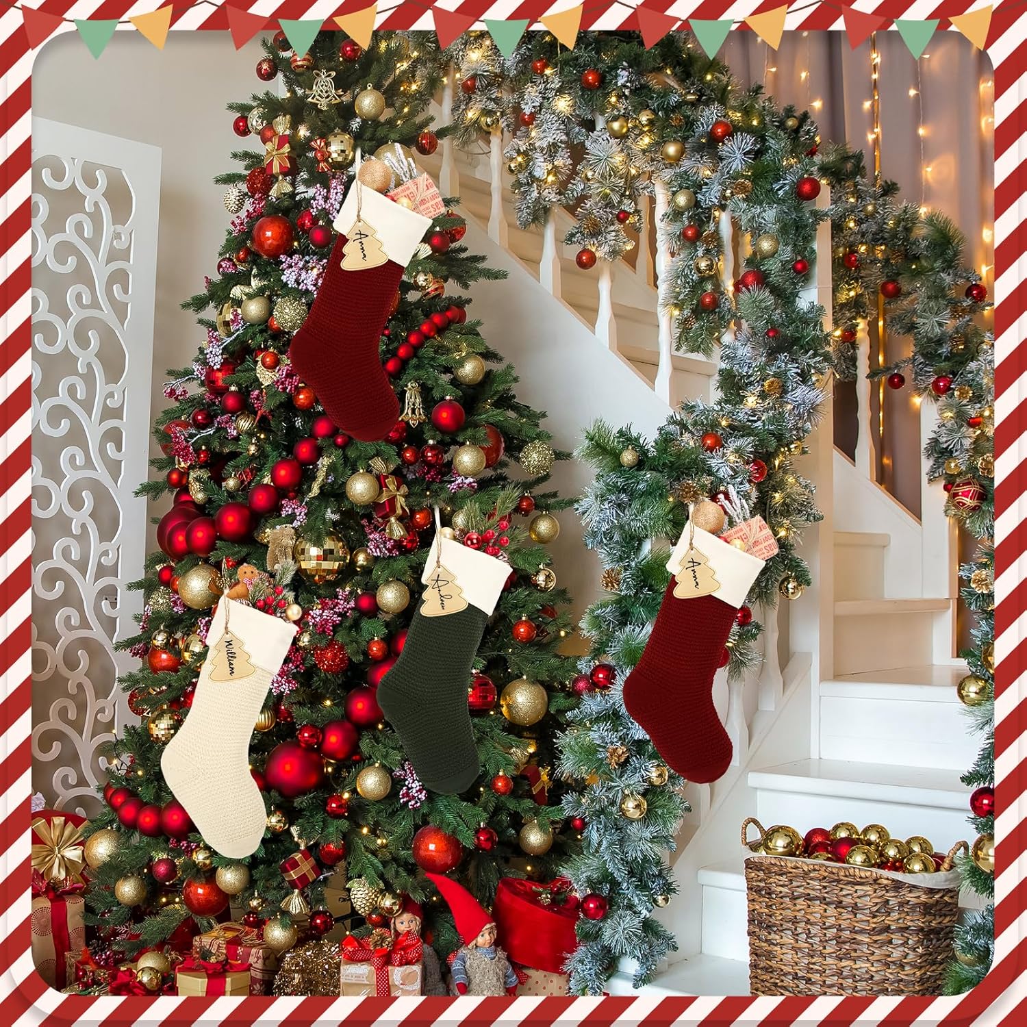 Flycalf Velvet Christmas Stockings 6 Pack Large 20 Inches with Hanging Loop Embroidery Classic Luxury Family Ornament Fireplace Hanging Stockings for Christmas Decorations