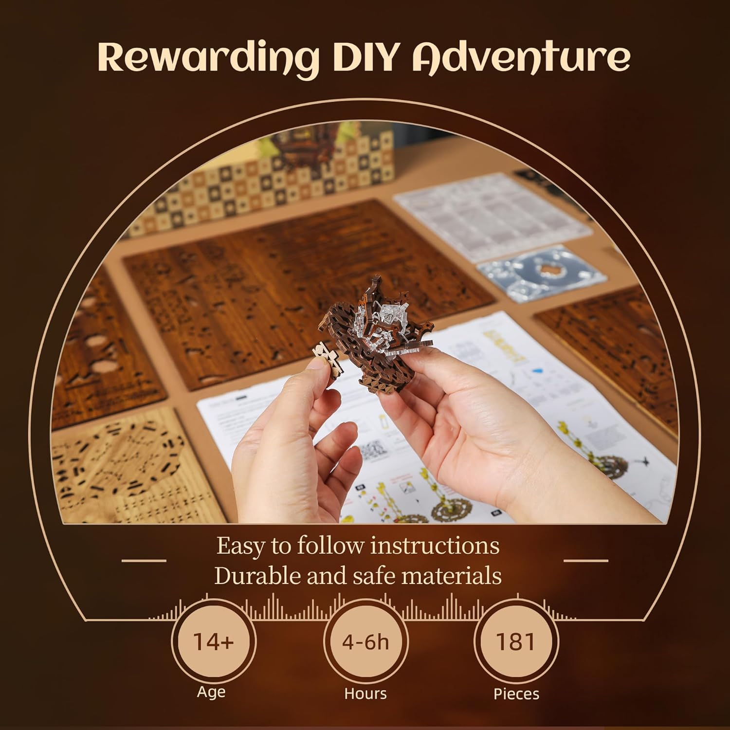 FUNPOLA LED 3D Wood Puzzle Poker World Projector Lamp – DIY Craft Kit with LED Lights and Music Box – Creative Poker-Themed Lamp, Nightlight Gift for Home Décor (Black Walnut)