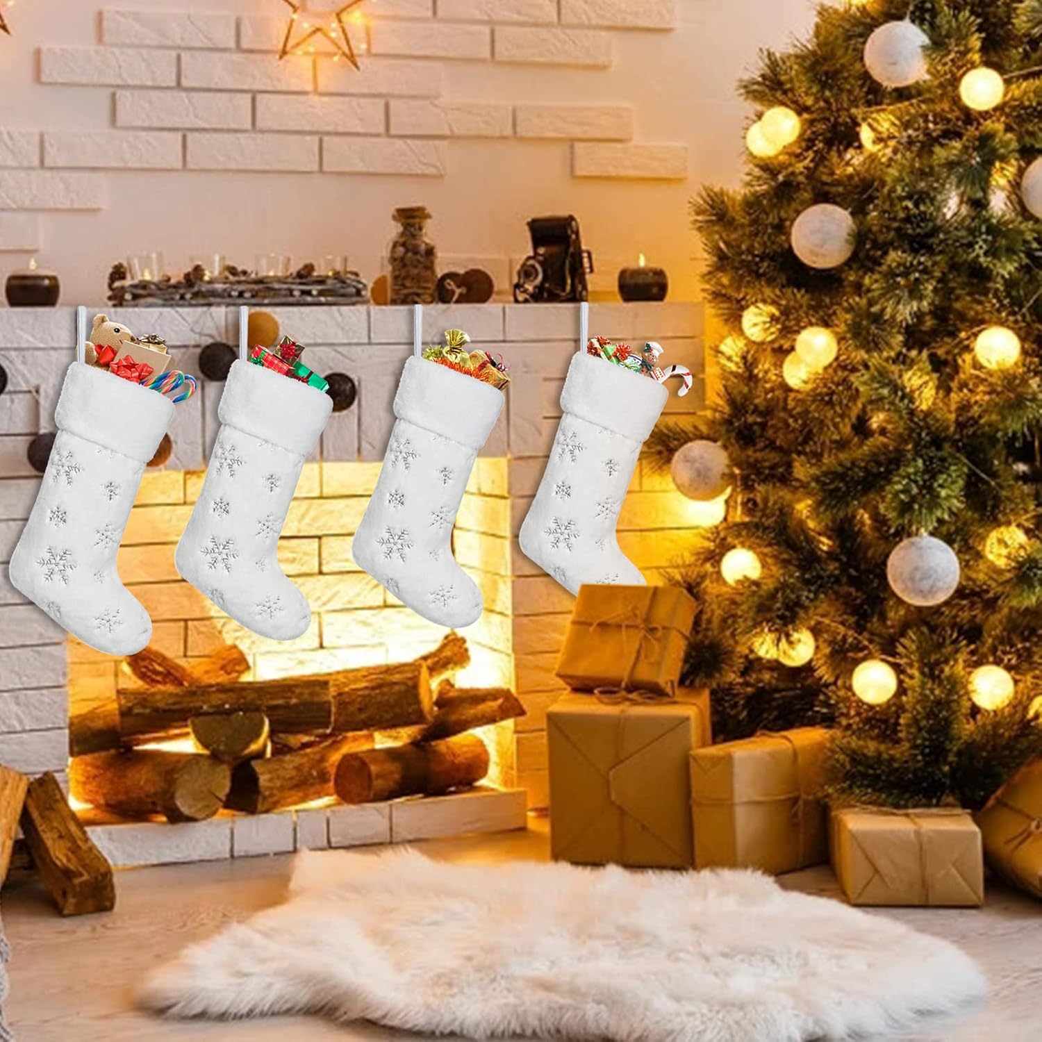 Dremisland 4 Pack Christmas Stockings - 20 Inch Cream White Faux Fur Xmas Stockings with Silver Sequin Snowflakes Super Soft Thick Plush Xmas Stockings for Christmas Decoration Holiday Decor (Sliver)
