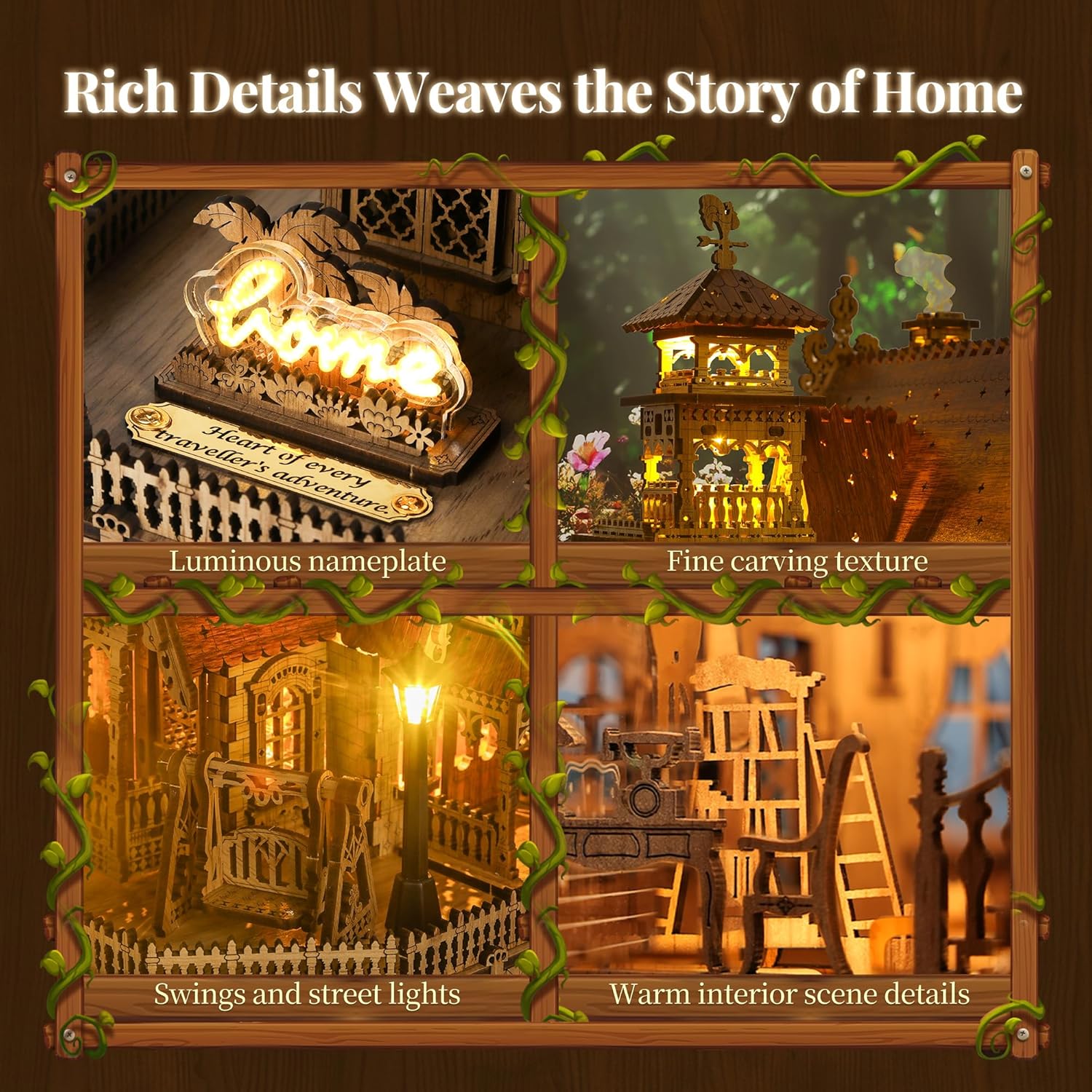 FUNPOLA LED 3D Wood Puzzle Countryside Cottage Model - DIY Miniature Building Kit with Spark LED Lights - 3D Craft Rural Architecture Home Décor Gift for Adults