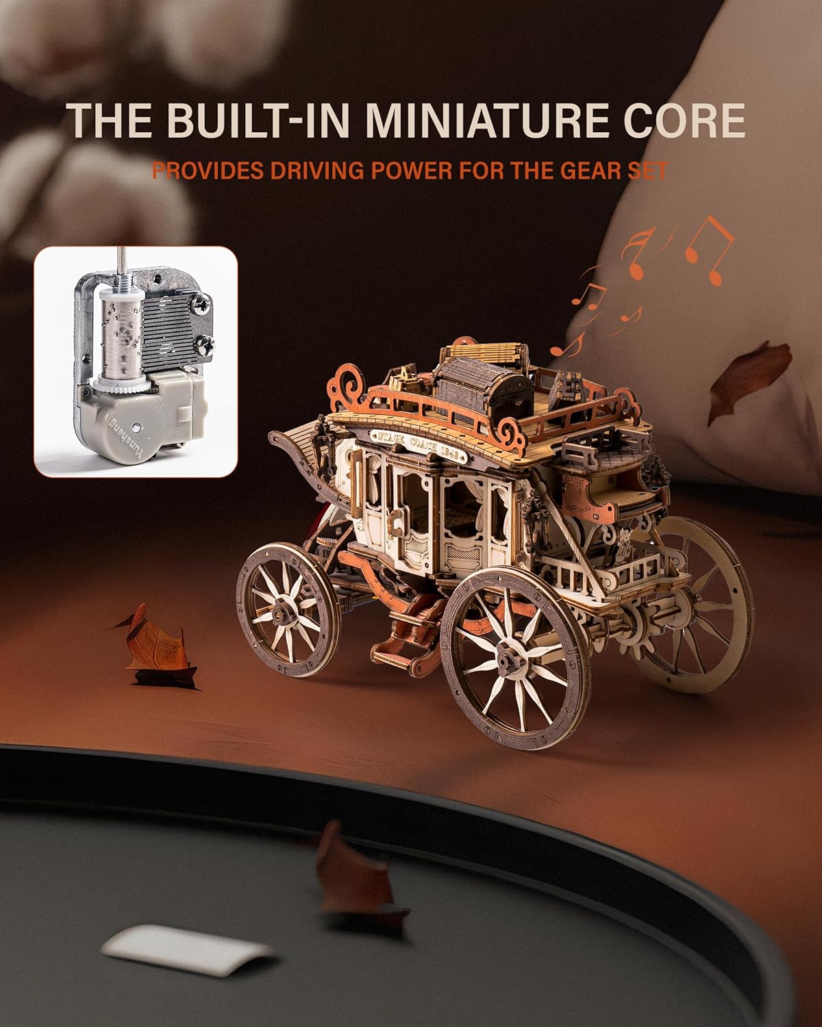 ROBOTIME Stagecoach Wooden Music Box Puzzle AMKA1, Valentines Day Gift 3D Wooden Puzzles for Adults, Mechanical 3D Model to Build, Birthday Anniversary Day Gift Hobby STEM Kits