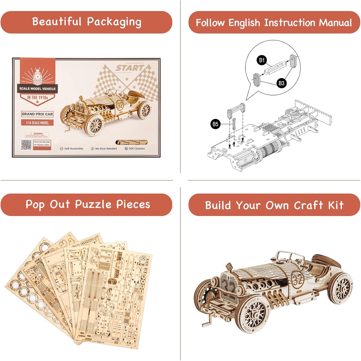 ROKR Model Car Kits Wooden 3D Puzzles Model Building Kits for Adults to Build-Educational Brain Teaser Assembly Model, Desk Decor/DIY Hobbies/Gifts for Teens&Kid (Prime Steam Express/12.1*2.7*3.3)