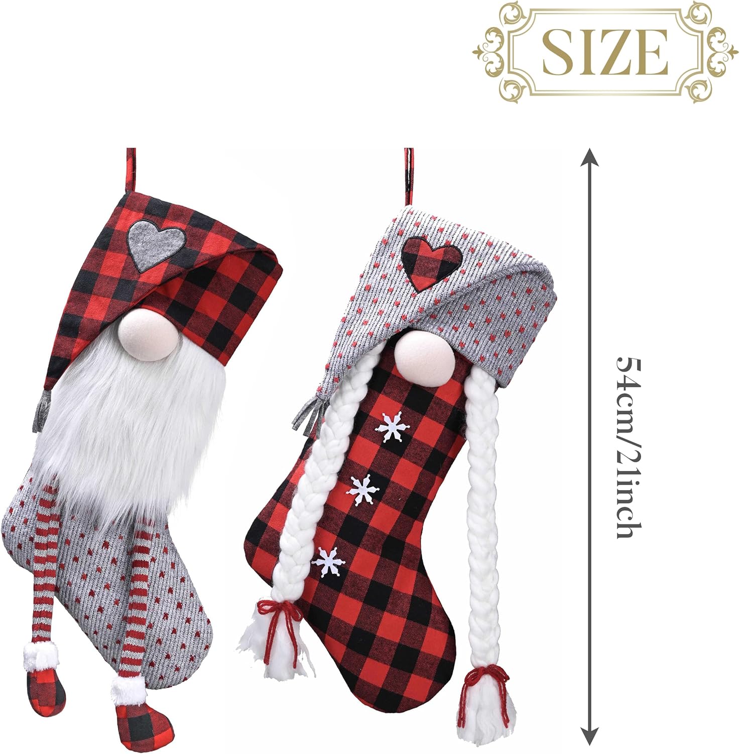 Valery Madelyn 21 Inch Christmas Gnome Stockings Decorations, 2 Pack Fabric Red Gray Tartan Cute Stocking with Name Tag, Valentine Day Gifts for Gnomes Lover and Women