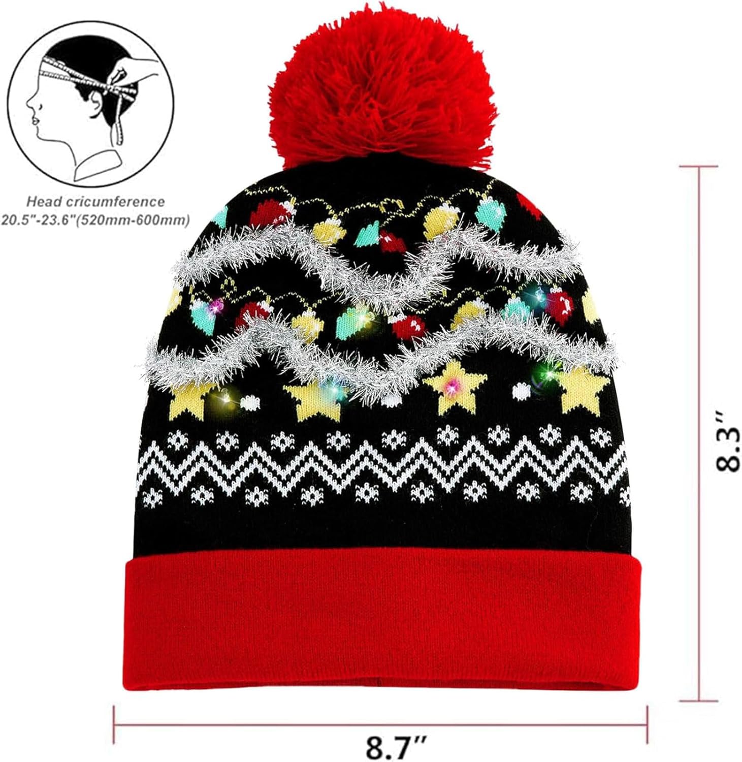 Unisex Ugly LED Christmas Hat Novelty Colorful Light-up Stylish Knitted Sweater Xmas Party Beanie Cap(6 Lights)
