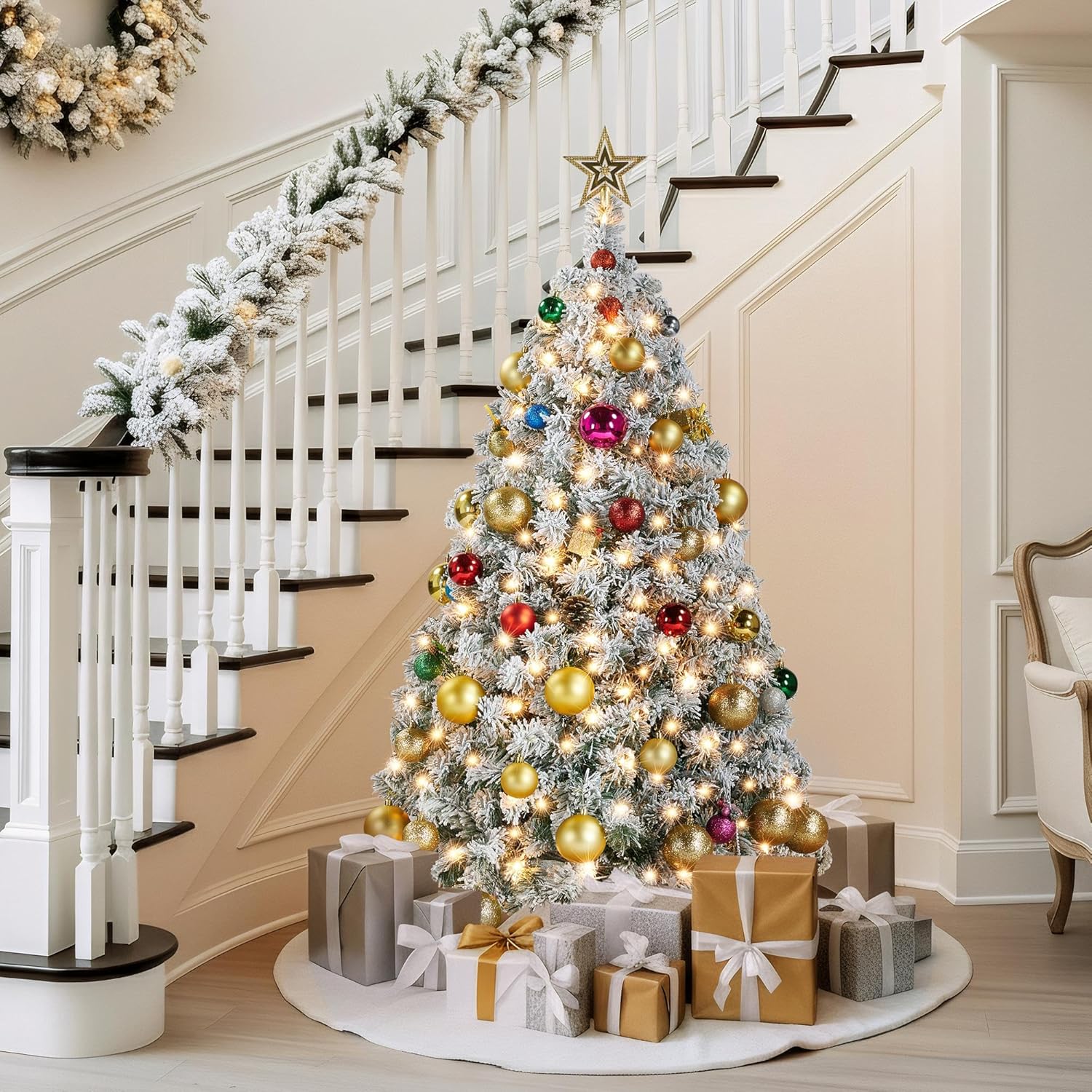 6ft Snow Flocked Pre-lit Christmas Tree with 250 Warm White Lights, 820 Lush Branch Tips & Quick-Assembly Hinged Design, Full Artificial Xmas Tree for Winter Holiday Décor, Green & White