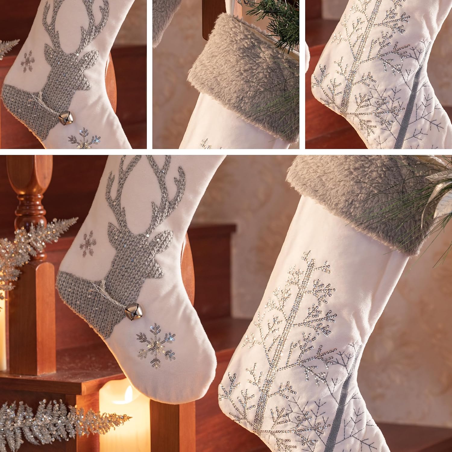 Valery Madelyn Christmas Stockings Decorations, 21 Inch Fabric 2 Pack Silver White Elk Embroidery Plush Personalized Fireplace Hanging Ornament for Holiday Xmas Party Decor