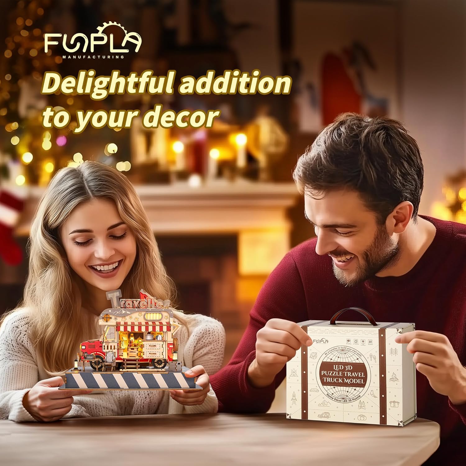 FUNPOLA 3D Wood Puzzle Travel Truck Model - DIY Miniature Adventure Truck Kit with LED Lights - Creative Gift for Kids and Adults(Travel Truck)