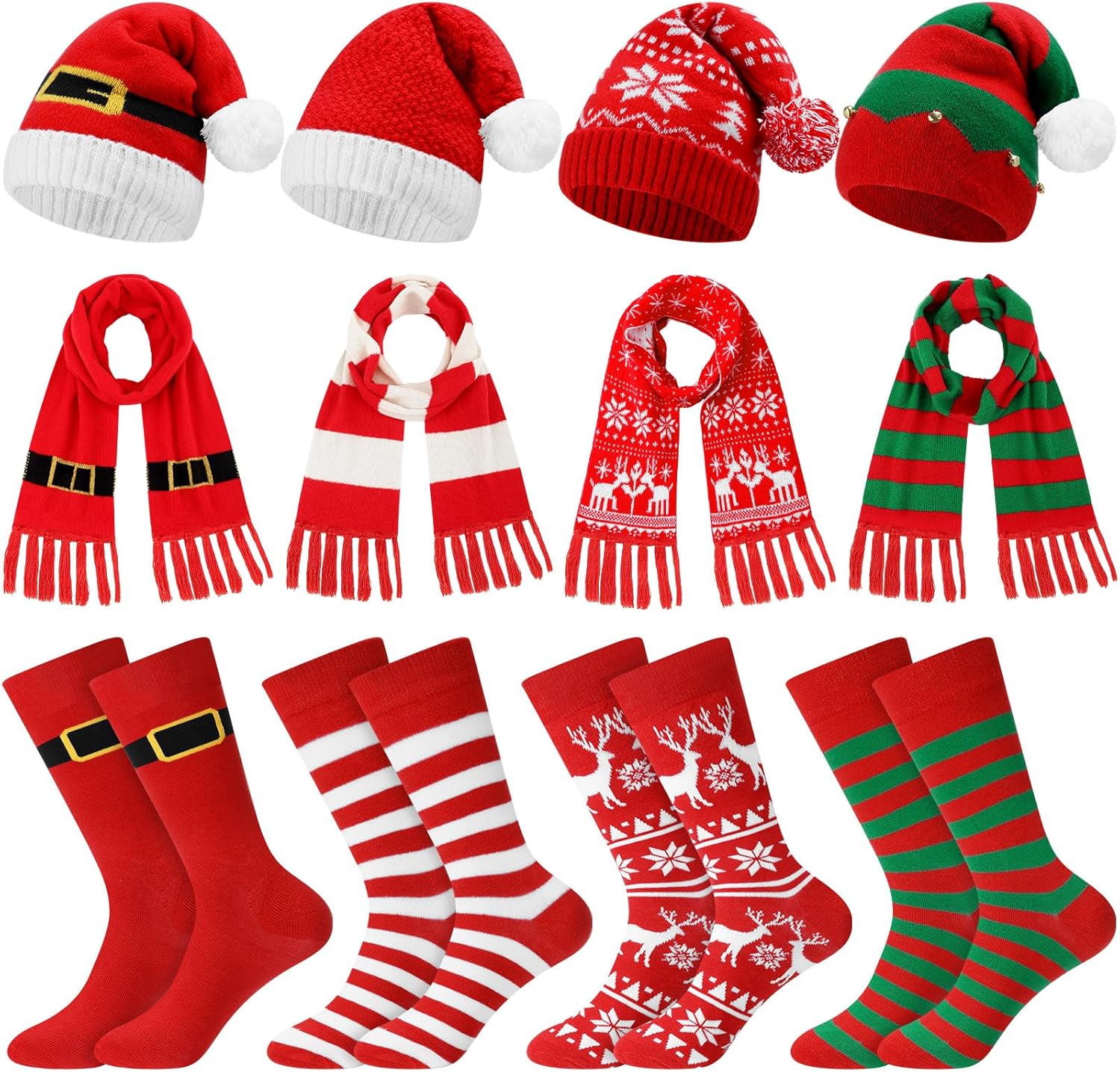 12 Pack Christmas Winter Accessories Set, 4 Christmas Beanies 4 Knitted Scarves and 4 Pairs of Holiday Socks Soft Warm Xmas Hat Scarf Sock Set for Family Parties Gifts