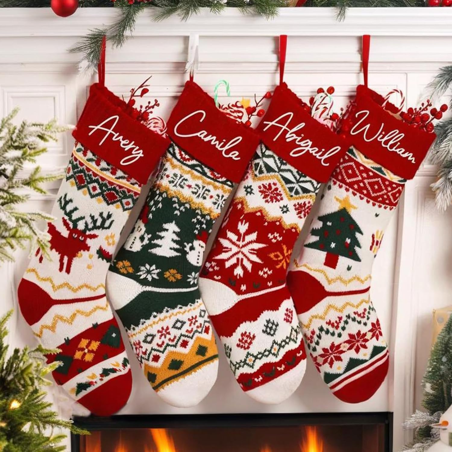 Flycalf Velvet Christmas Stockings 6 Pack Large 20 Inches with Hanging Loop Embroidery Classic Luxury Family Ornament Fireplace Hanging Stockings for Christmas Decorations