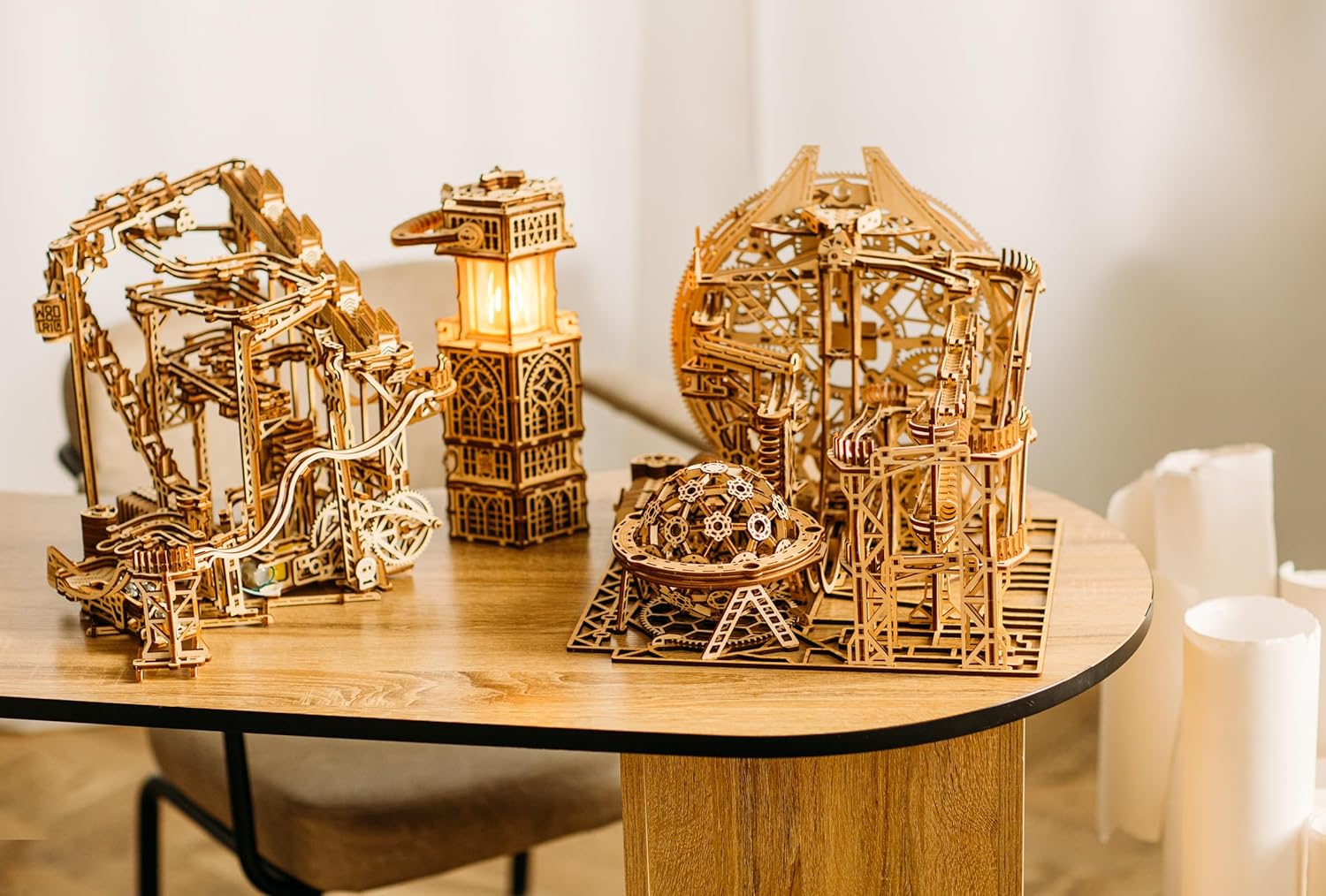 Wood Trick Wooden Marble Run Spiral Electric Motorized - Wooden 3D Puzzles for Adults to Build - 13x13 - Roller Coaster Mechanical Wooden Model Kits for Adults to Build