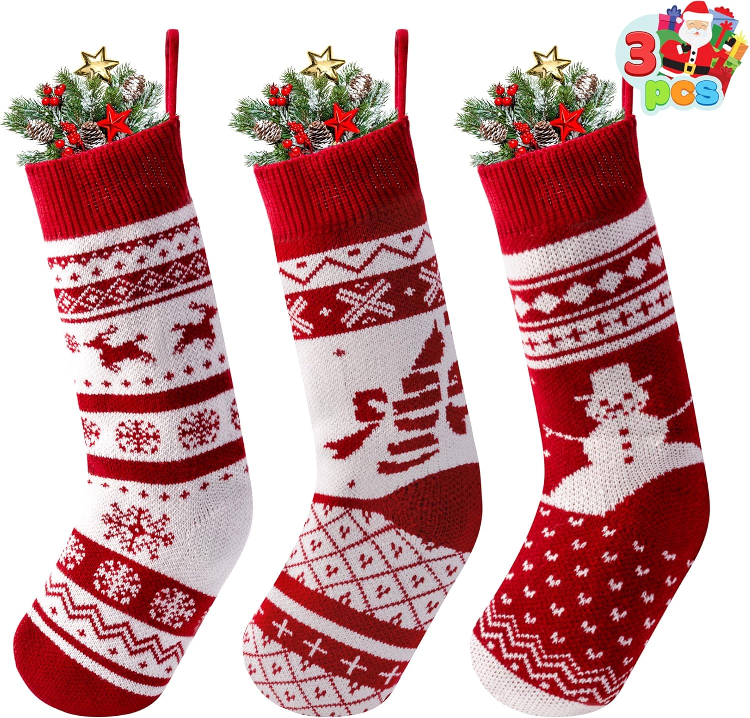 JOYIN 3 Pack 18” Christmas Stockings, Large Size Rustic Cable Knit Xmas Stocking in Red & Green, for Family Holiday Season Decorations