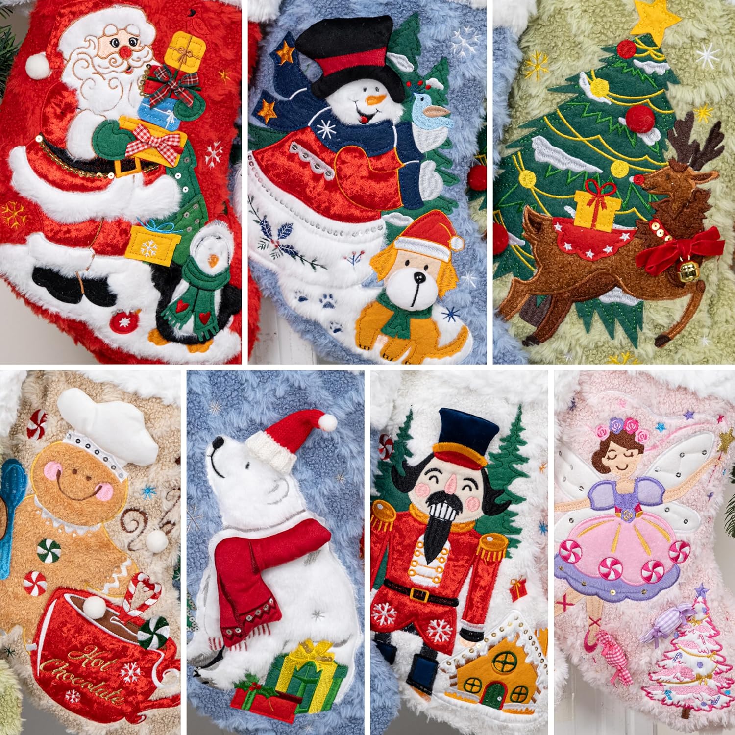 BHD BEAUTY Set of 6 Christmas Stockings Gray Burlap Buffalo Red Plaid Soft Faux Fur 20 Inches Lovely Embroidery Pattern for Family Decorations Hanging Ornament for Xmas Holiday Party